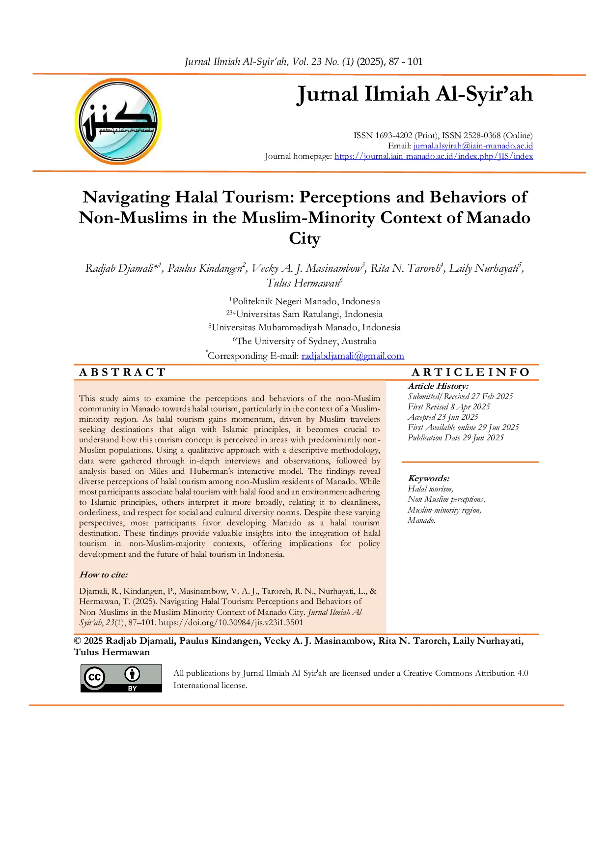 JURIS Navigating Halal Tourism Perceptions and Behaviors of Non Muslims in the Muslim Minority Context of Manado City