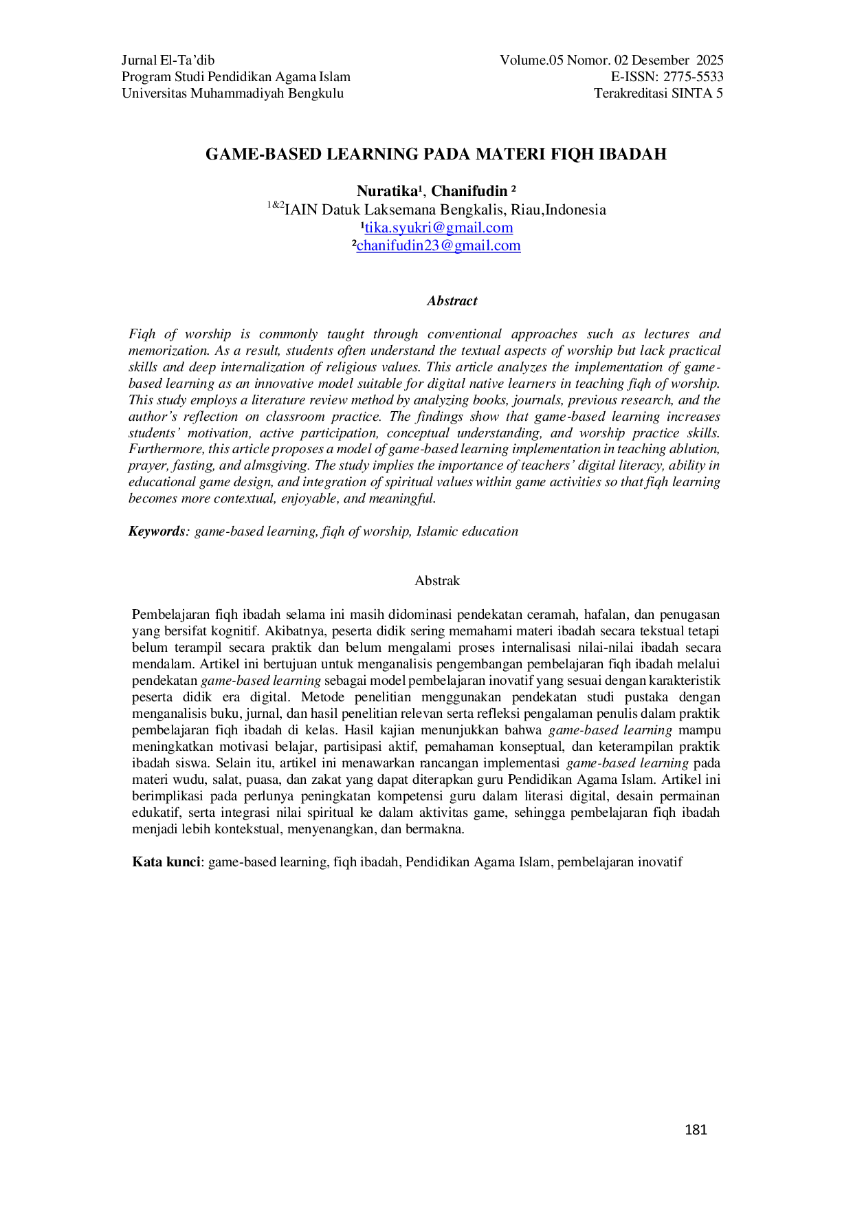 JURIS Game Based Learning Pada Materi Fiqh Ibadah
