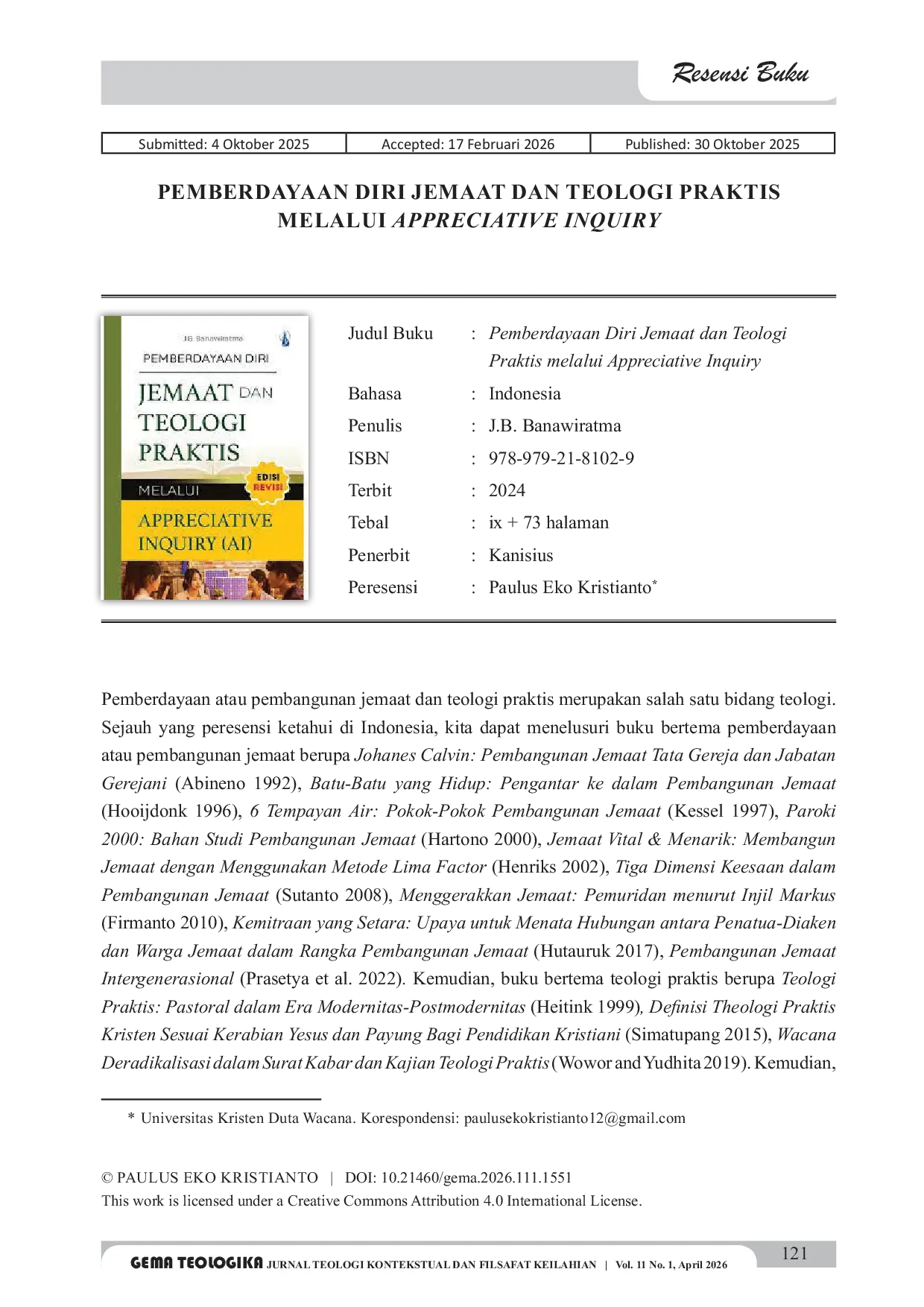 JURIS Resensi Buku Pemberdayaan Diri Jemaat dan Teologi Praktis melalui Appreciative Inquiry