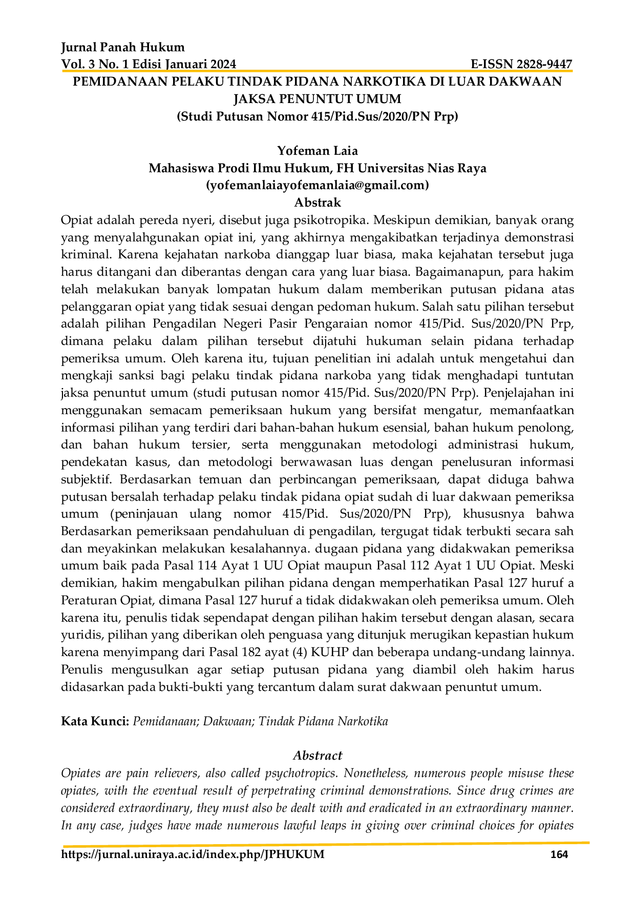 JURIS Pemidanaan Pelaku Tindak Pidana Narkotika di Luar Dakwaan Jaksa Penuntut Umum Studi Putusan Nomor 415 Pid Sus 2020 PN Prp