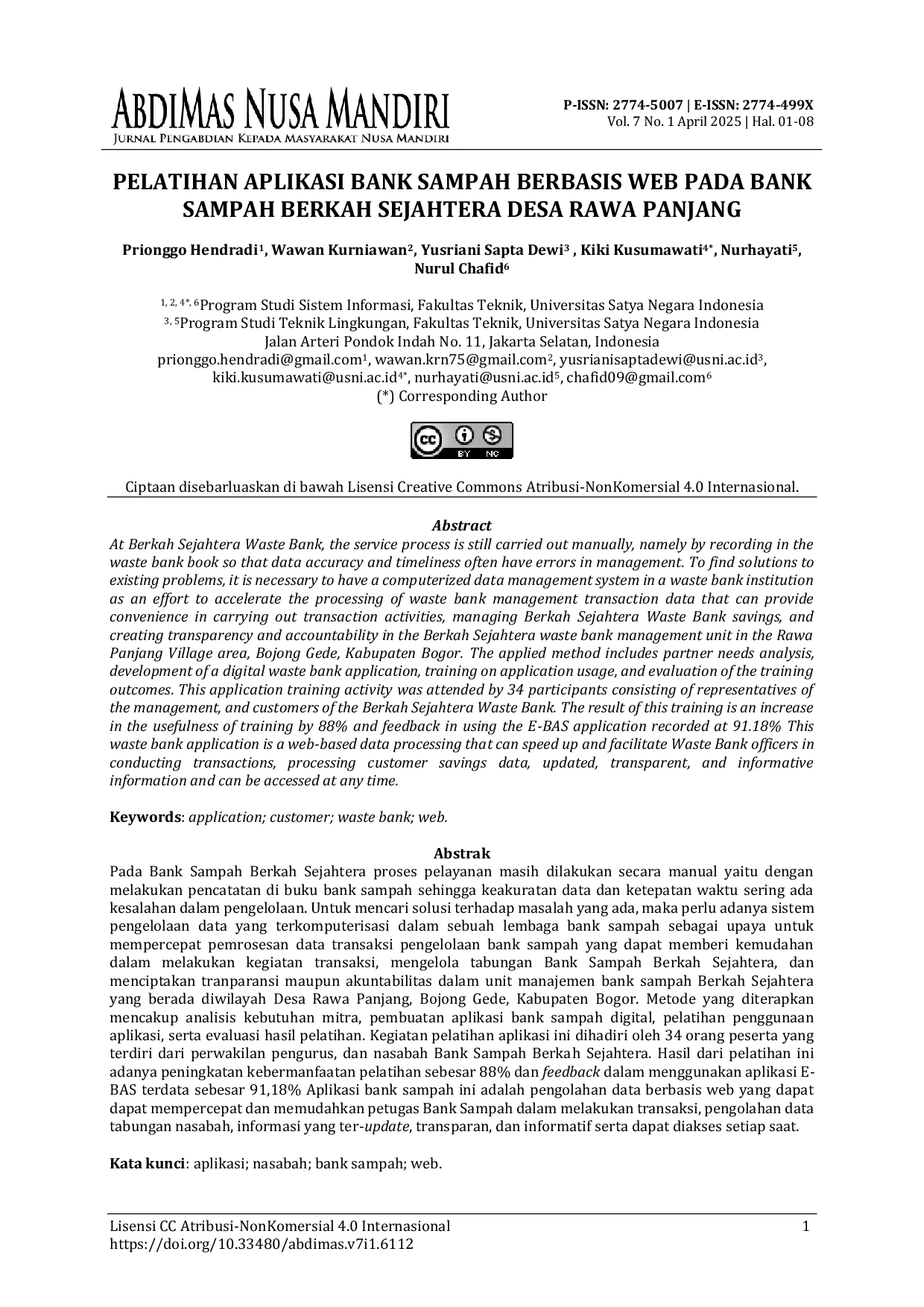 JURIS Pelatihan Aplikasi Bank Sampah Berbasis Web Pada Bank Sampah Berkah Sejahtera Desa Rawa Panjang