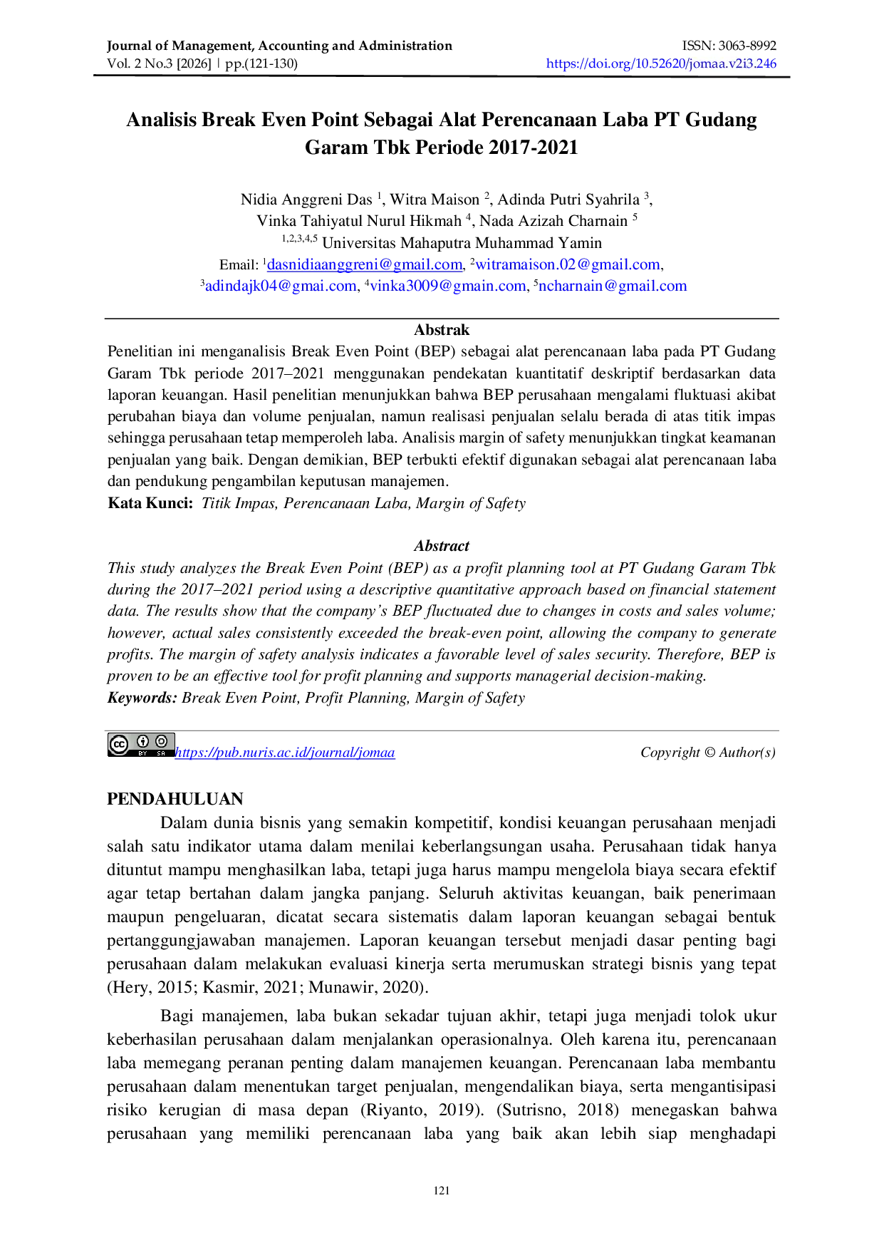 JURIS Analisis Break Even Point Sebagai Alat Perencanaan Laba PT Gudang Garam Tbk Periode 2017 2021