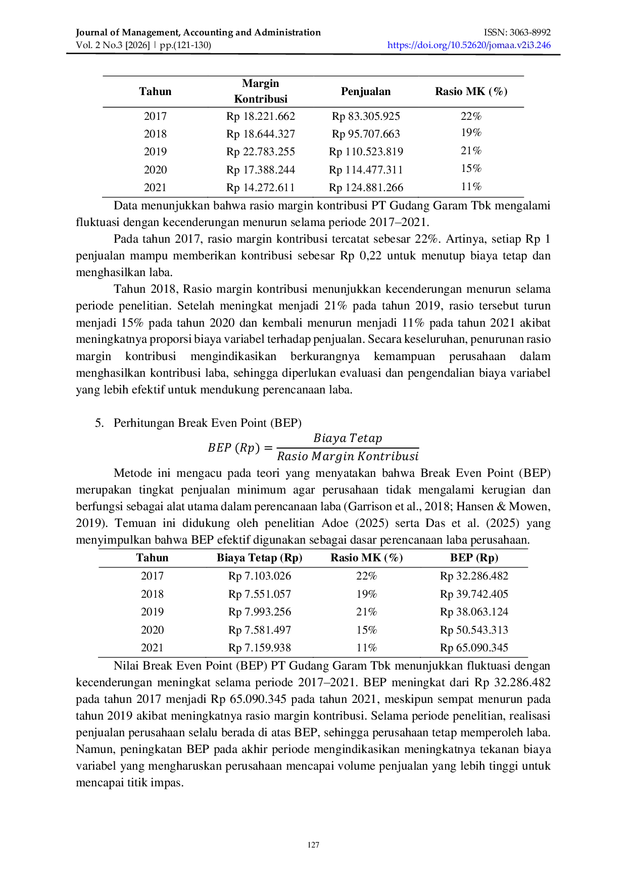 JURIS Analisis Break Even Point Sebagai Alat Perencanaan Laba PT Gudang Garam Tbk Periode 2017 2021