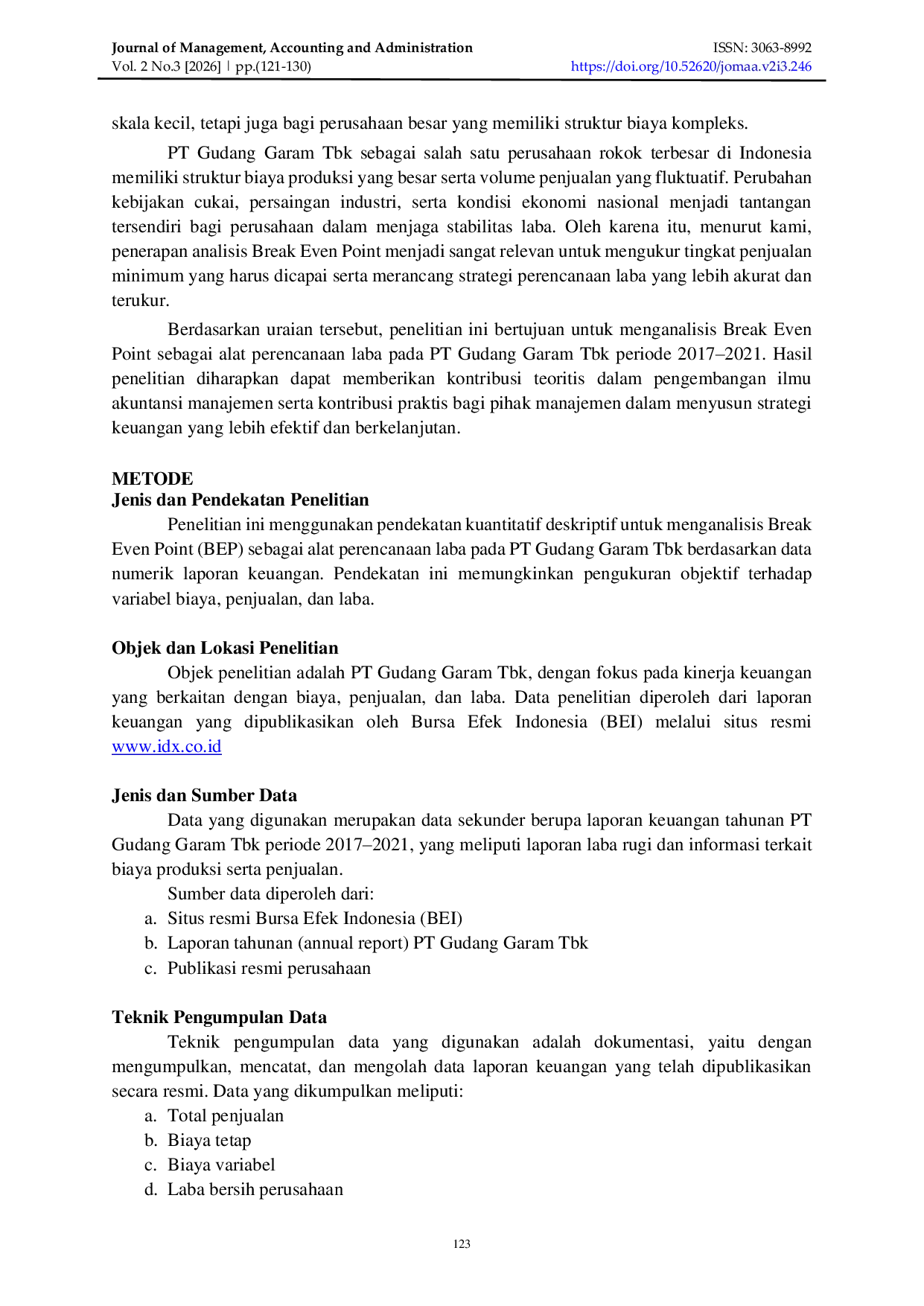 JURIS Analisis Break Even Point Sebagai Alat Perencanaan Laba PT Gudang Garam Tbk Periode 2017 2021