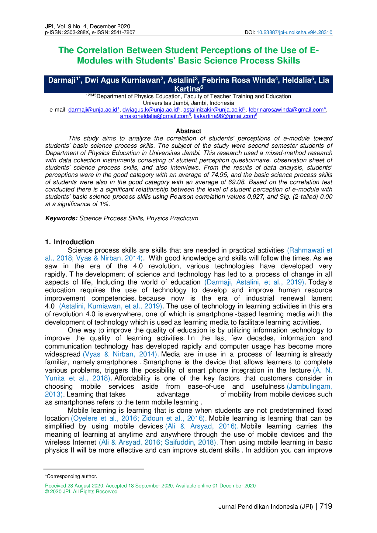 juris The Correlation Between Student Perceptions of the Use of E Modules with Students Basic Science Process Skills