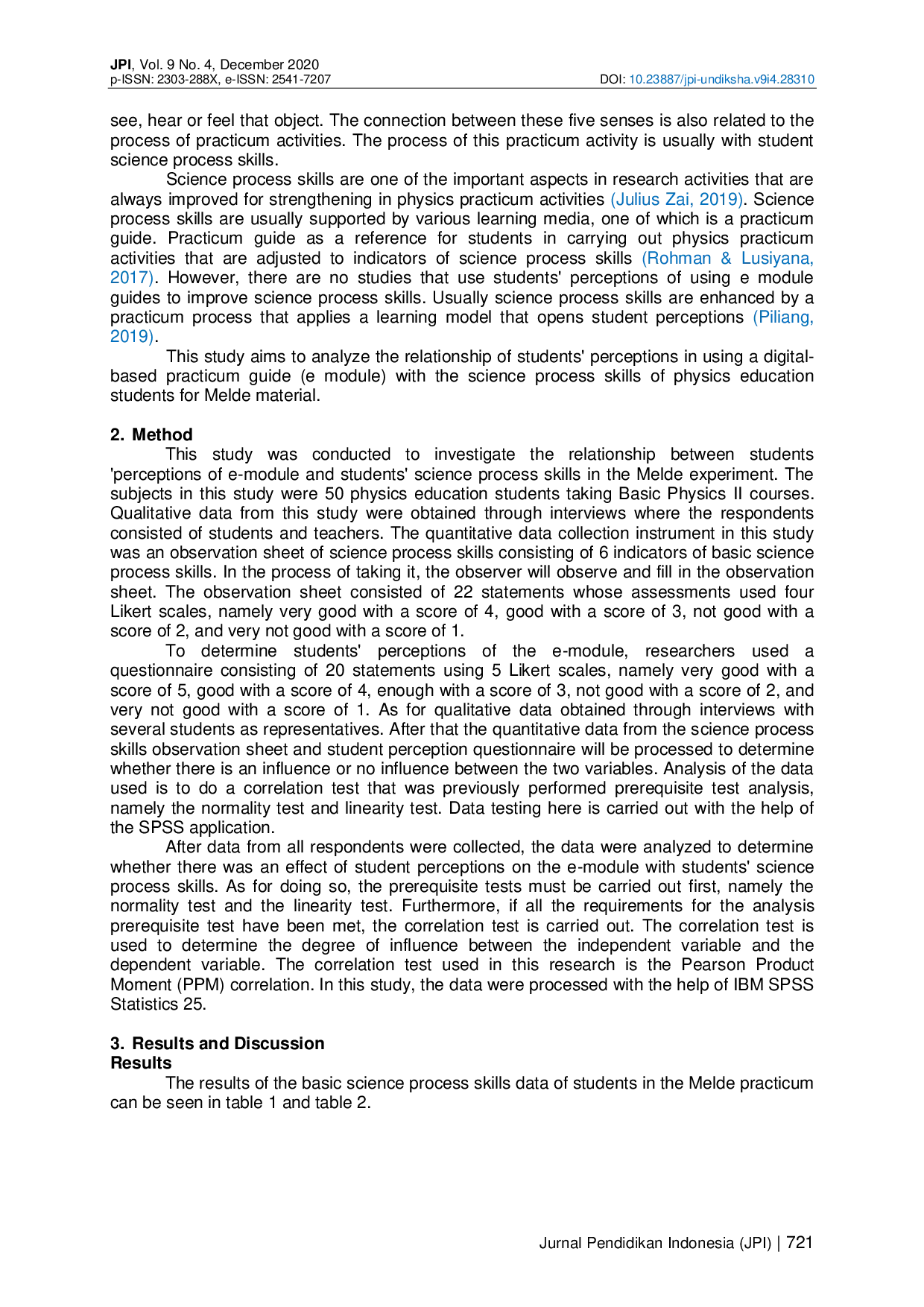 juris The Correlation Between Student Perceptions of the Use of E Modules with Students Basic Science Process Skills