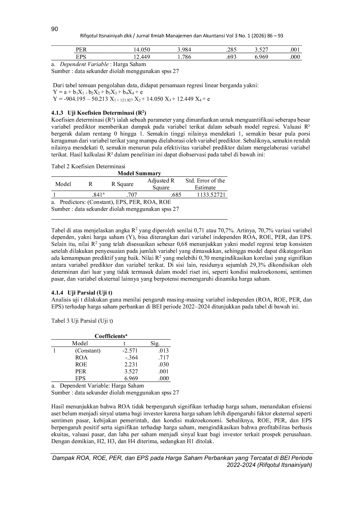 JURIS Pengaruh ROA ROE PER dan EPS pada Harga Saham Perbankan yang Tercatat di BEI Periode 2022 2024