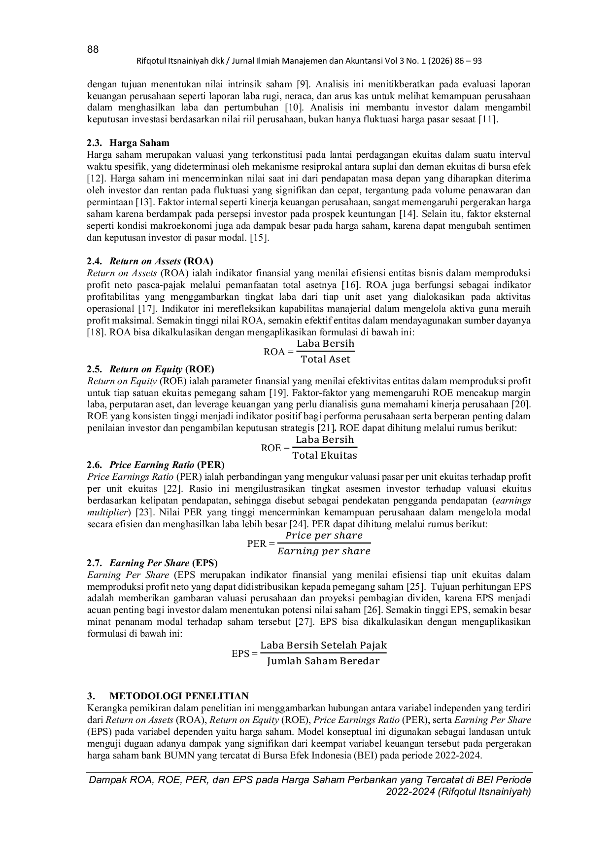 JURIS Pengaruh ROA ROE PER dan EPS pada Harga Saham Perbankan yang Tercatat di BEI Periode 2022 2024