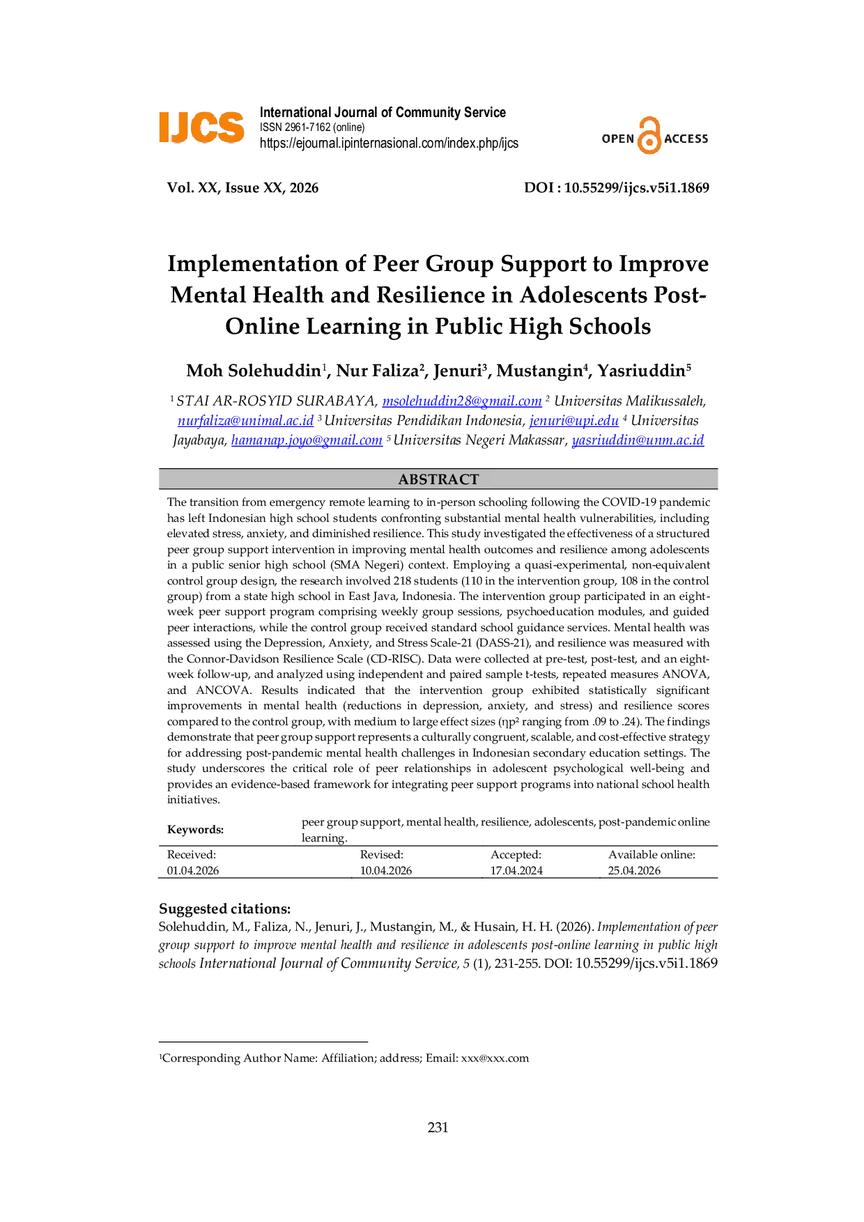 JURIS Implementation of Peer Group Support to Improve Mental Health and Resilience in Adolescents Post Online Learning in Public High Schools