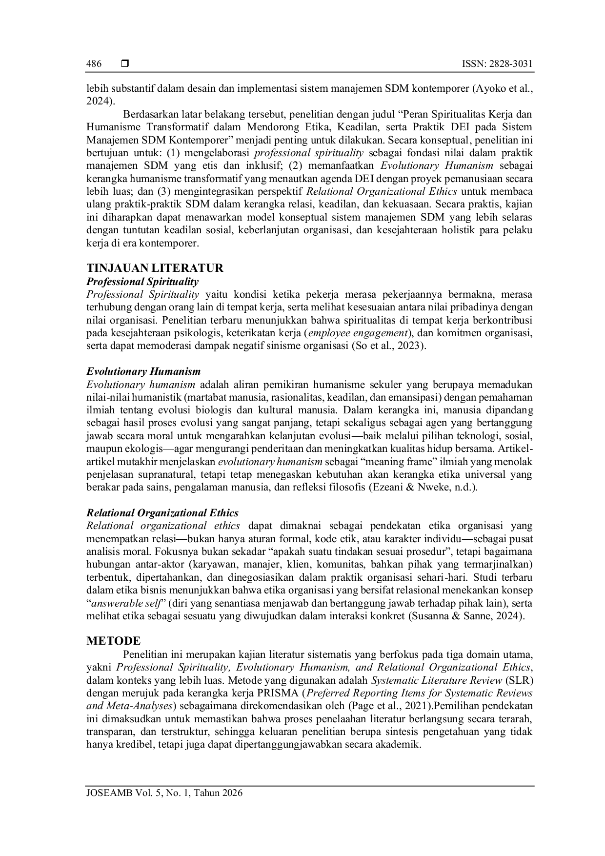 JURIS Peran Spiritualitas Kerja dan Humanisme Transformatif dalam mendorong Etika Keadilan serta Praktik DEI pada Sistem Manajemen SDM Kontemporer