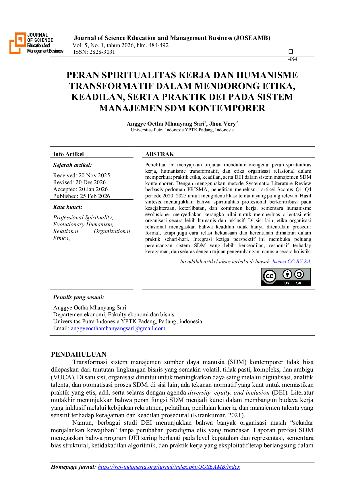 JURIS Peran Spiritualitas Kerja dan Humanisme Transformatif dalam mendorong Etika Keadilan serta Praktik DEI pada Sistem Manajemen SDM Kontemporer