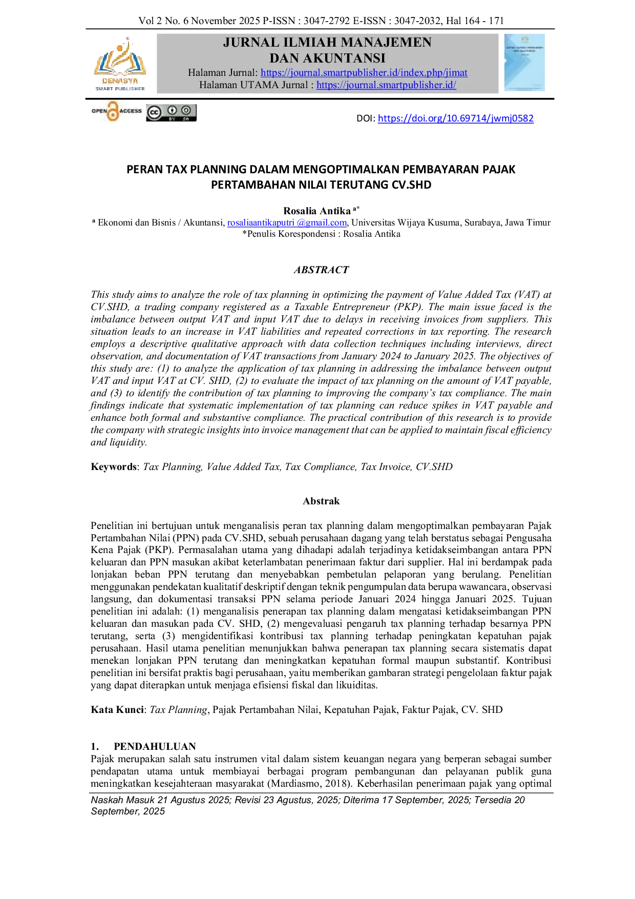 JURIS Peran Tax Planning Dalam Mengoptimalkan Pembayaran Pajak Pertambahan Nilai Terutang CV SHD