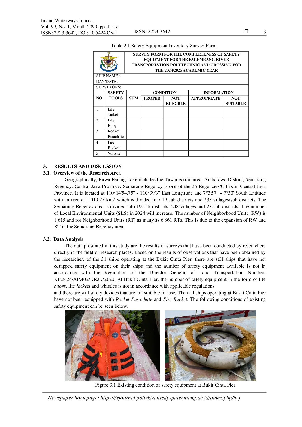 JURIS Evaluation of Motor Boat Passenger Safety Equipment to Support Ecotourism at Bukit Cinta Pier Rawa Pening Lake Semarang Regency Central Java Province