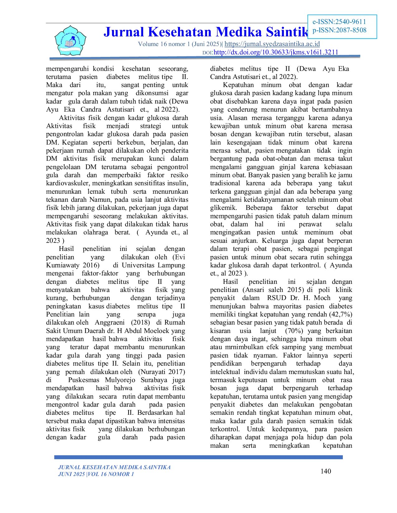 JURIS Hubungan Self Efficacy Dengan Self Care Pada Pasien Diabetes Mellitus Tipe II Di Wilayah Kerja Puskesmas Sawah Lebar Kota Bengkulu