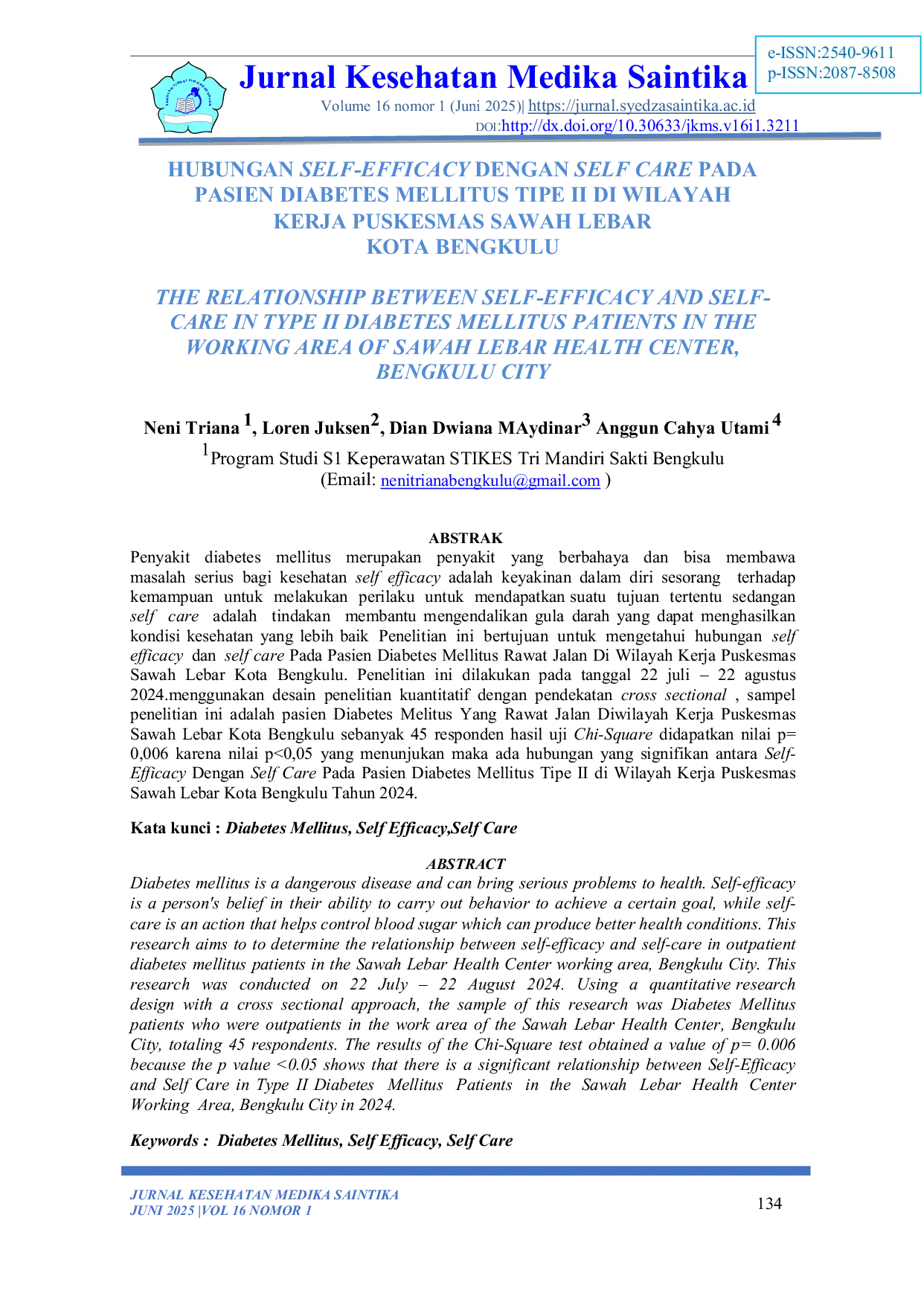 JURIS Hubungan Self Efficacy Dengan Self Care Pada Pasien Diabetes Mellitus Tipe II Di Wilayah Kerja Puskesmas Sawah Lebar Kota Bengkulu