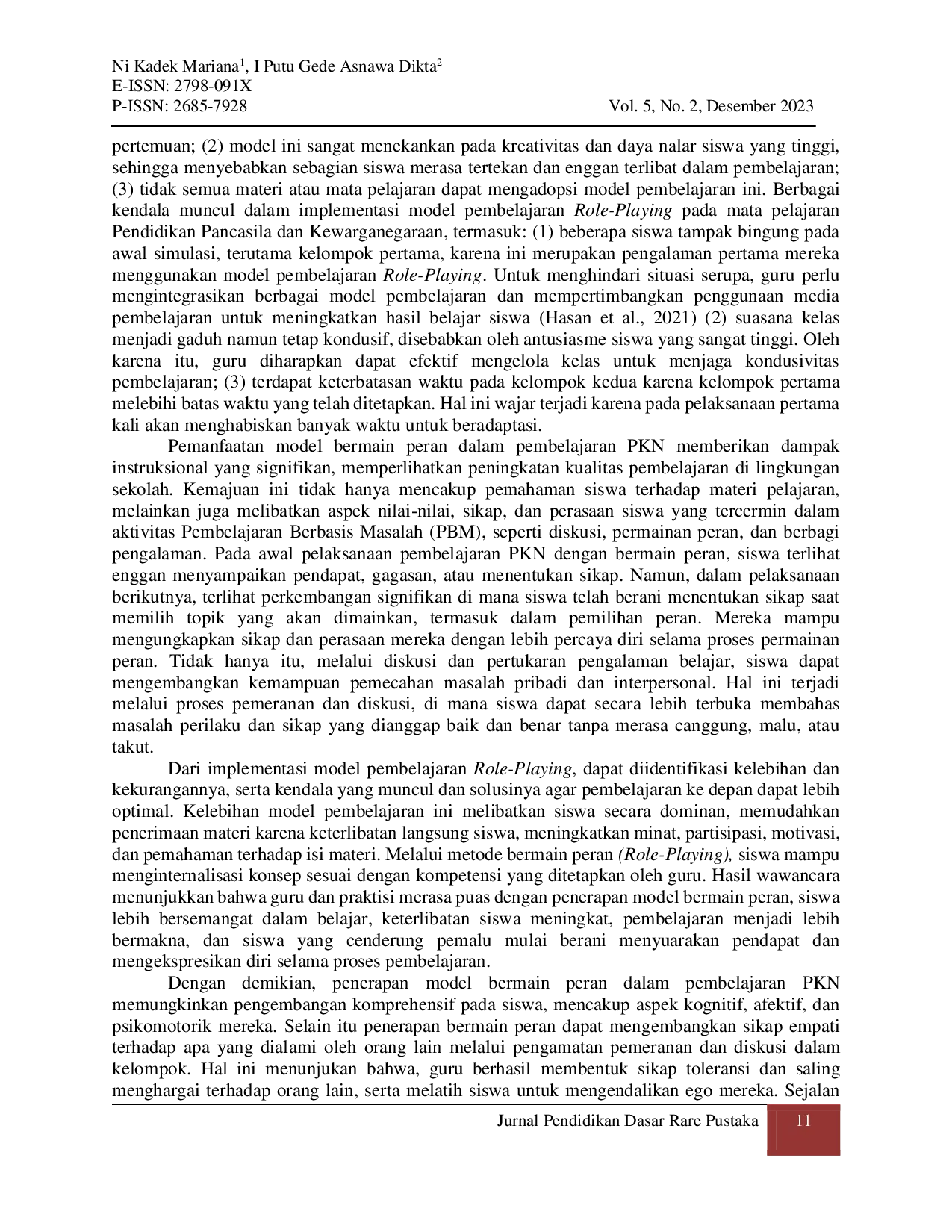 JURIS Penerapan Metode Role Playing pada Mata Pelajaran PKN di SD Negeri 1 Nongan