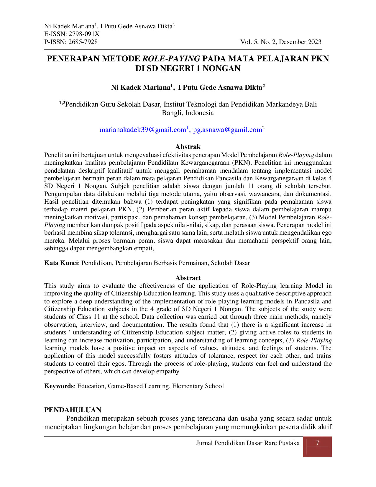 JURIS Penerapan Metode Role Playing pada Mata Pelajaran PKN di SD Negeri 1 Nongan