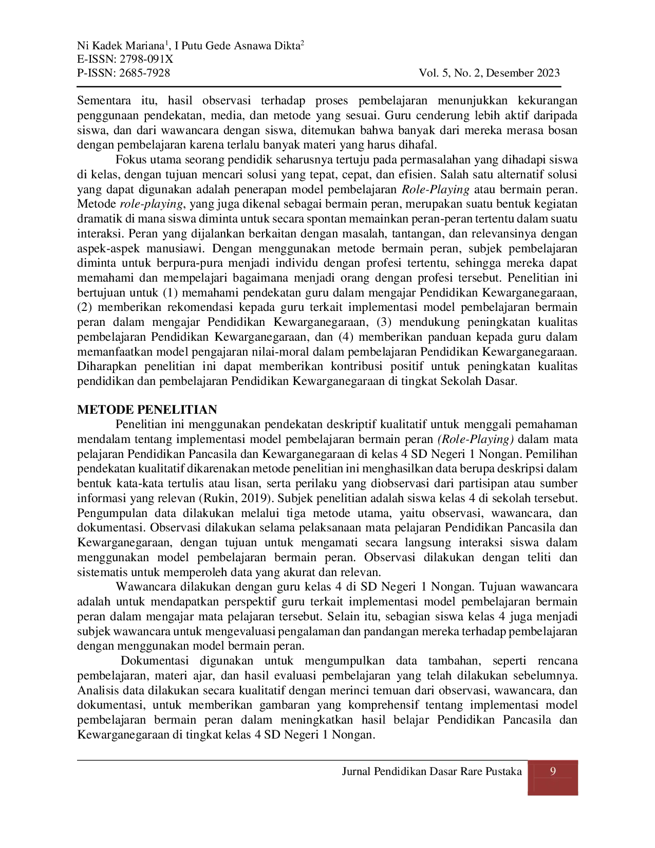 JURIS Penerapan Metode Role Playing pada Mata Pelajaran PKN di SD Negeri 1 Nongan