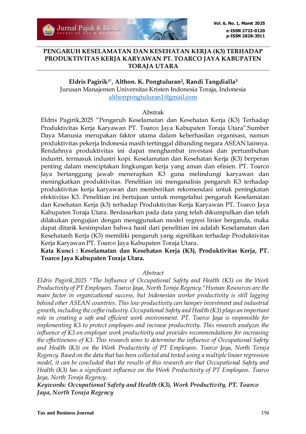 JURIS Pengaruh Keselamatan Dan Kesehatan Kerja K3 Terhadap Produktivitas Kerja Karyawan PT Toarco Jaya Kabupaten Toraja Utara