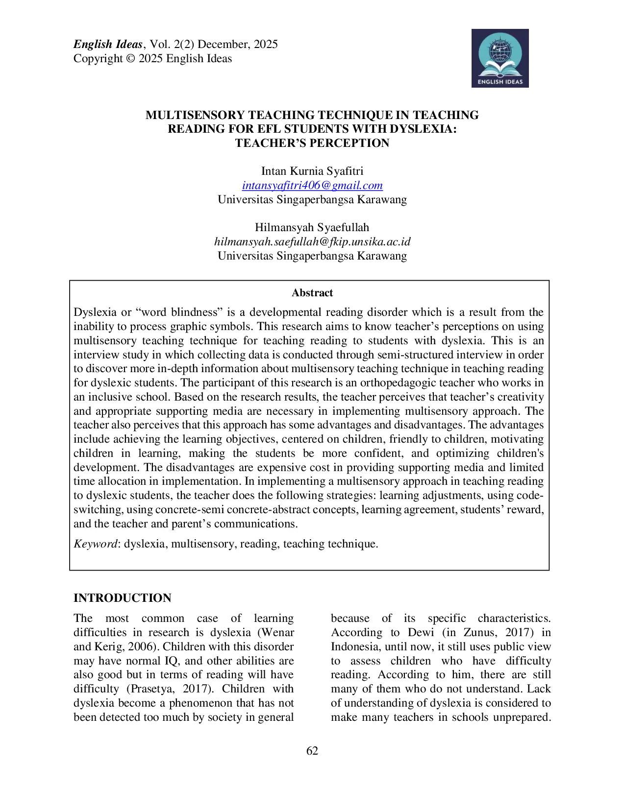JURIS Multisensory Teaching Technique in Teaching Reading for EFL Students with Dyslexia Teacher s Perception