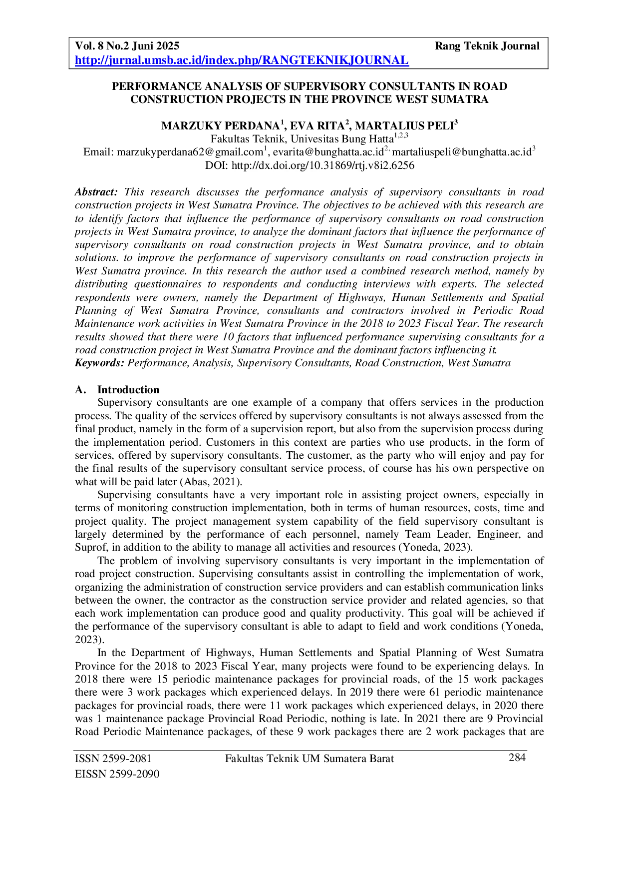JURIS Performance Analysis of Supervisory Consultants in Road Construction Projects in the Province West Sumatra
