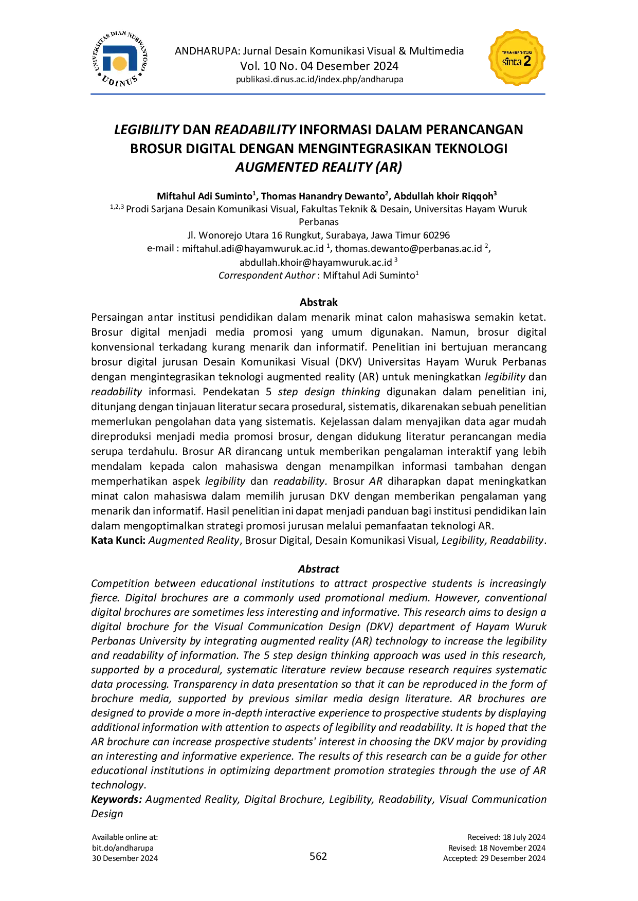 JURIS Legibility dan Readability Informasi dalam Perancangan Brosur Digital dengan Mengintegrasikan Teknologi Augmented Reality AR