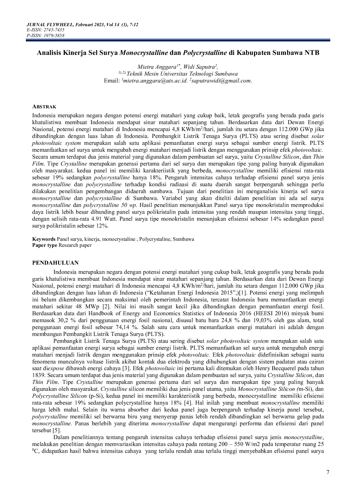 JURIS Analisis Kinerja Sel Surya Monocrystalline dan Polycrystalline di Kabupaten Sumbawa NTB