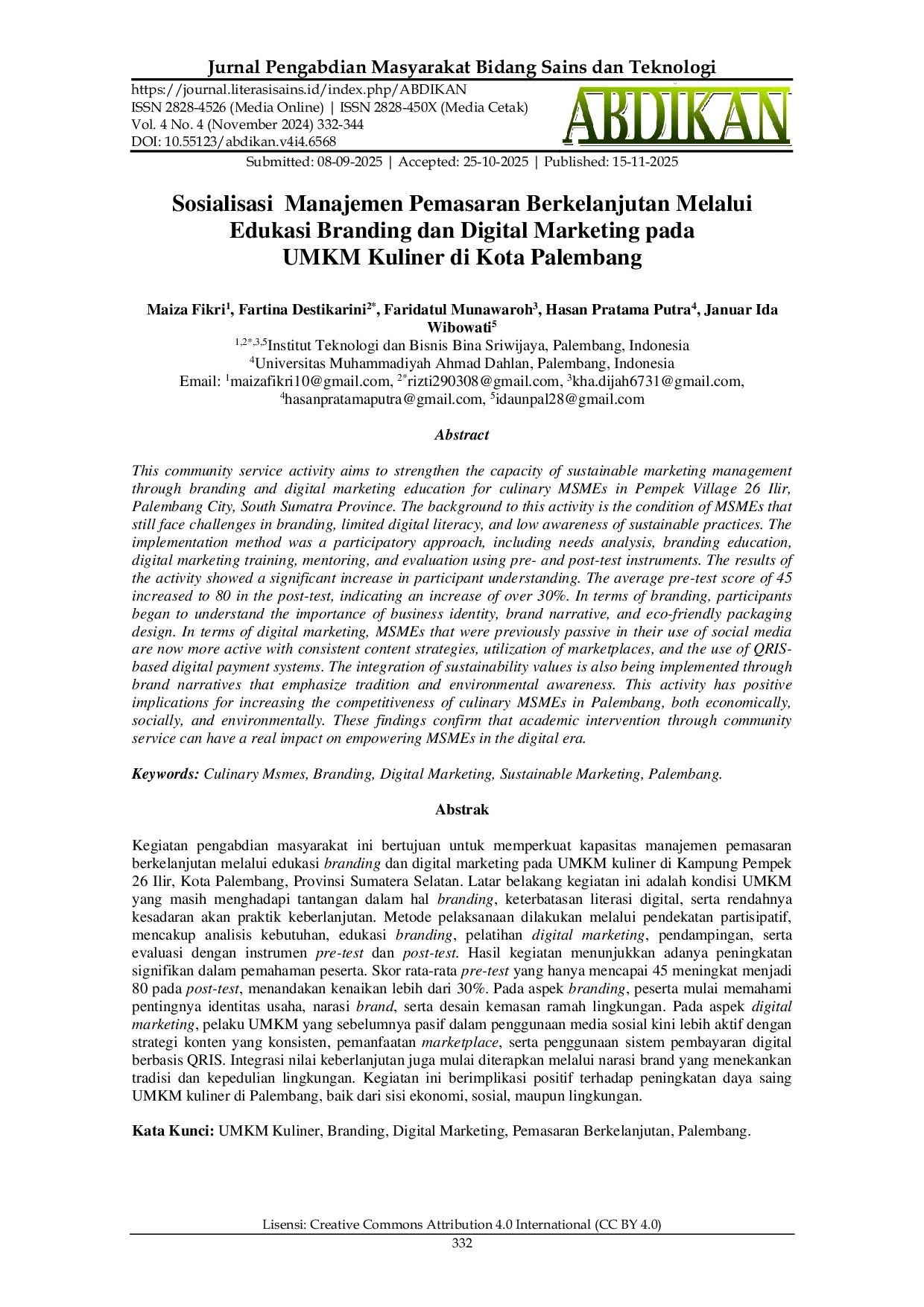 JURIS Sosialisasi Manajemen Pemasaran Berkelanjutan Melalui Edukasi Branding dan Digital Marketing pada UMKM Kuliner di Kota Palembang
