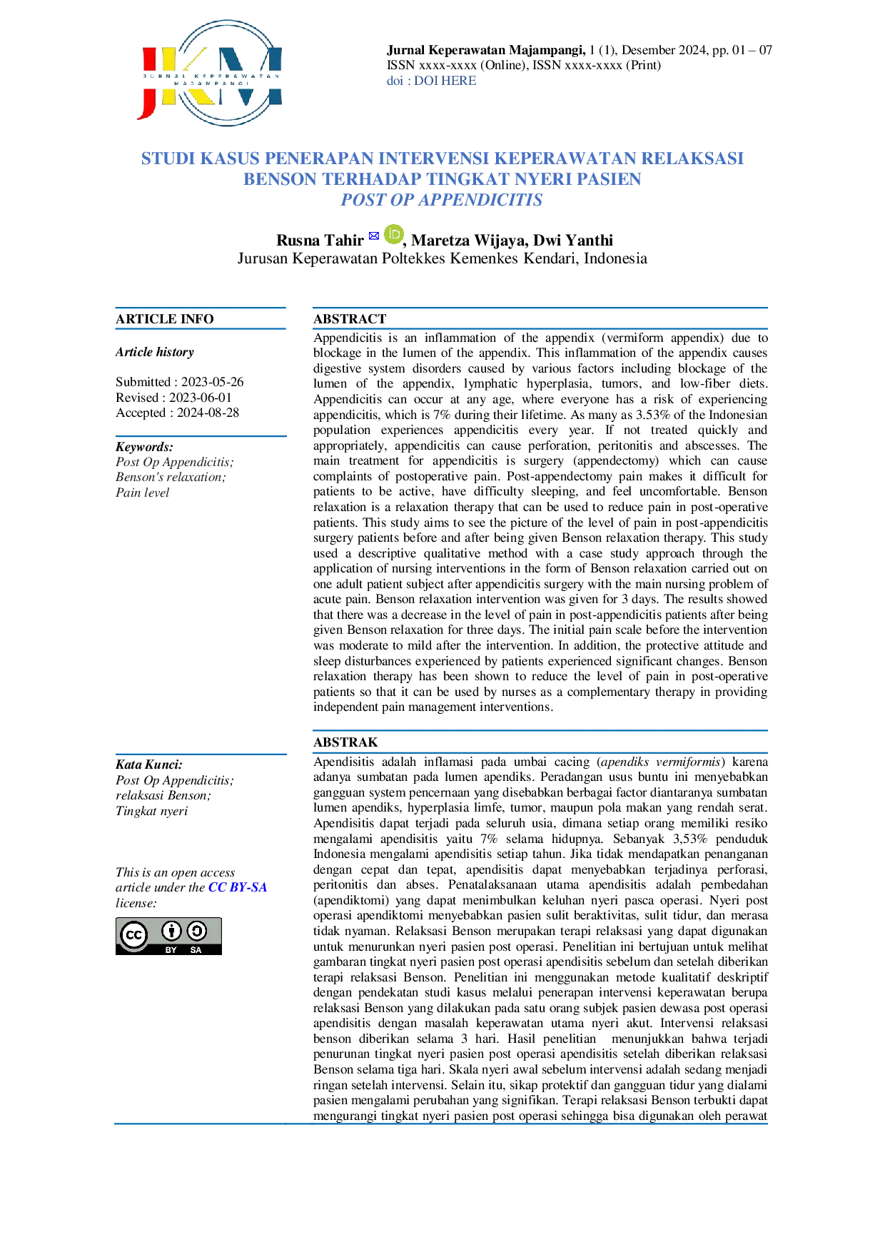 JURIS Studi Kasus Penerapan Intervensi Keperawatan Relaksasi Benson Terhadap Tingkat Nyeri Pasien Post Op Appendicitis