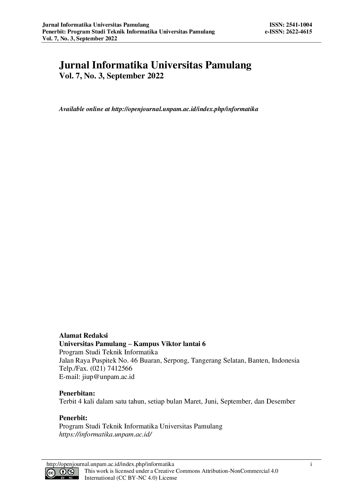 JURIS Daftar Isi Jurnal Informatika Universitas Pamulang Vol 7 No 3 September 2022
