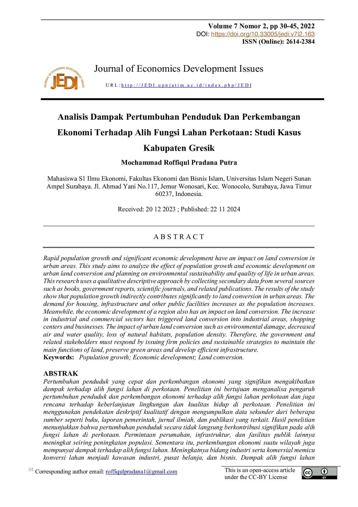 JURIS The Analysis of the Impact of Population Growth and Economic Development on Urban Land Conversion Case Study of Gresik Regency