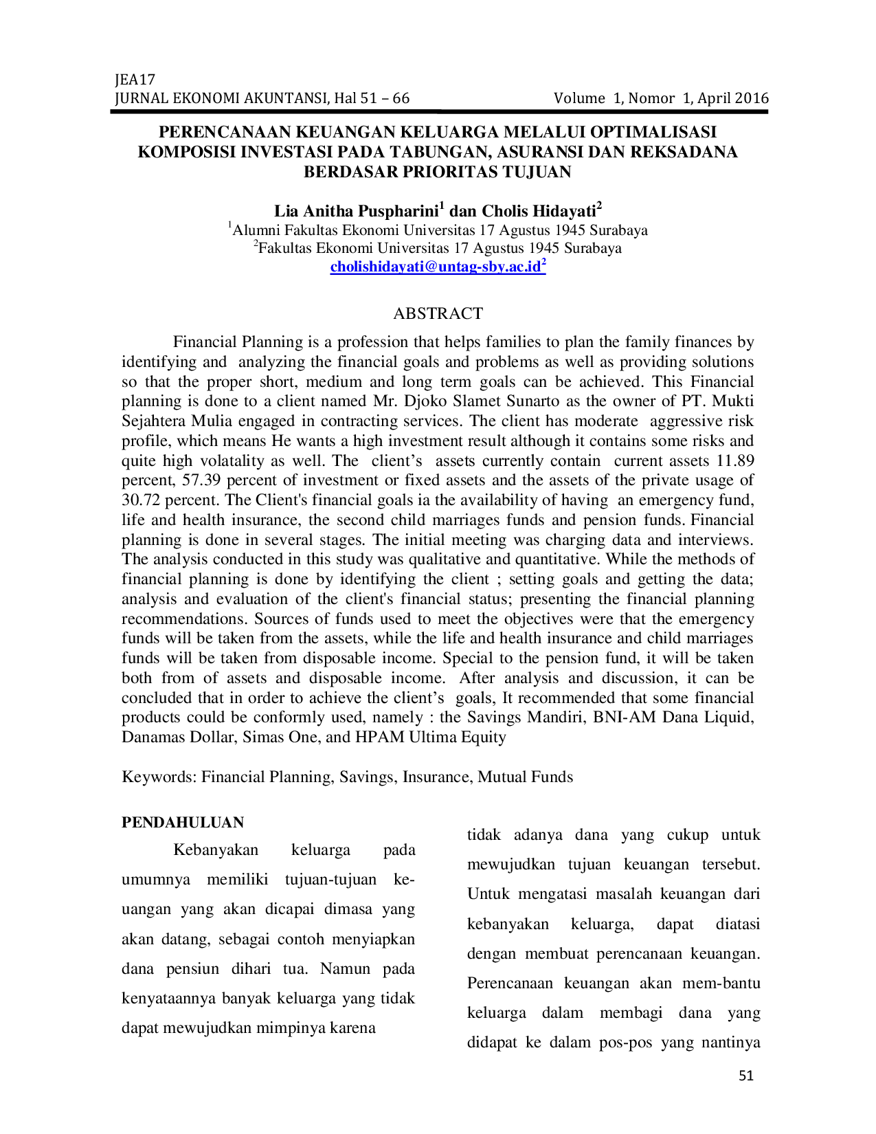 JURIS Perencanaan Keuangan Keluarga Melalui Optimalisasi Komposisi Investasi Pada Tabungan Asuransi Dan Reksadana Berdasar Prioritas Tujuan