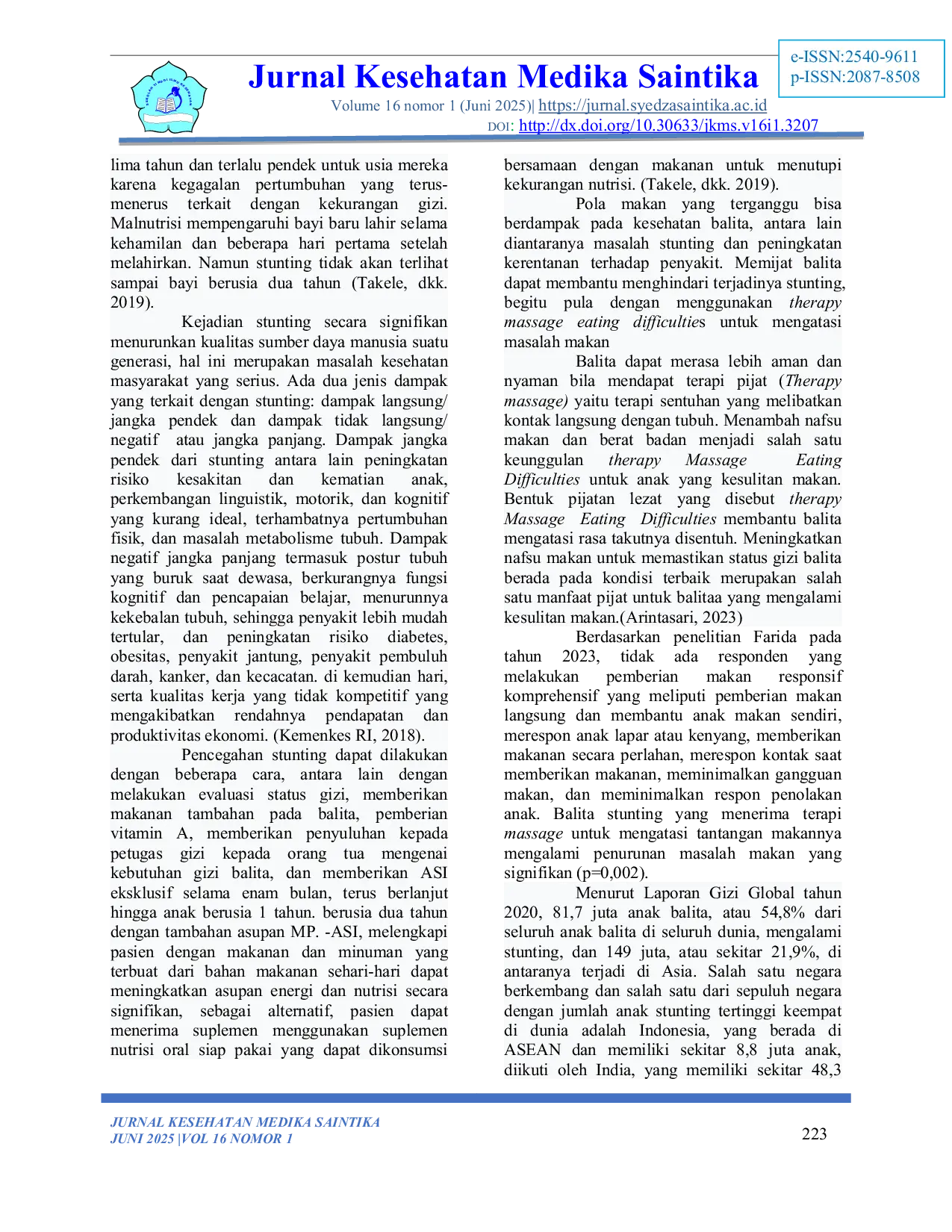 JURIS Penerapan Therapy Massage Eating Difficulties Dengan Kejadian Stunting Pada Anak 0 12 Bulan