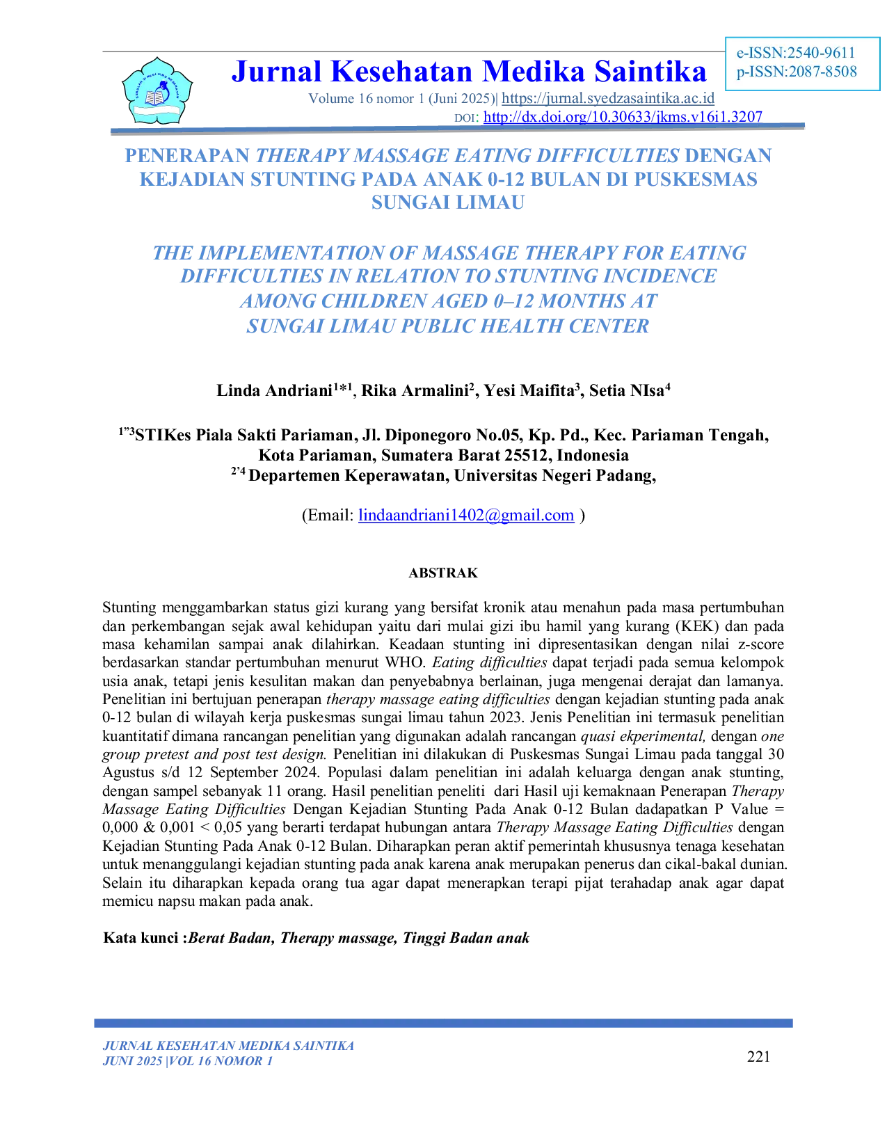 JURIS Penerapan Therapy Massage Eating Difficulties Dengan Kejadian Stunting Pada Anak 0 12 Bulan