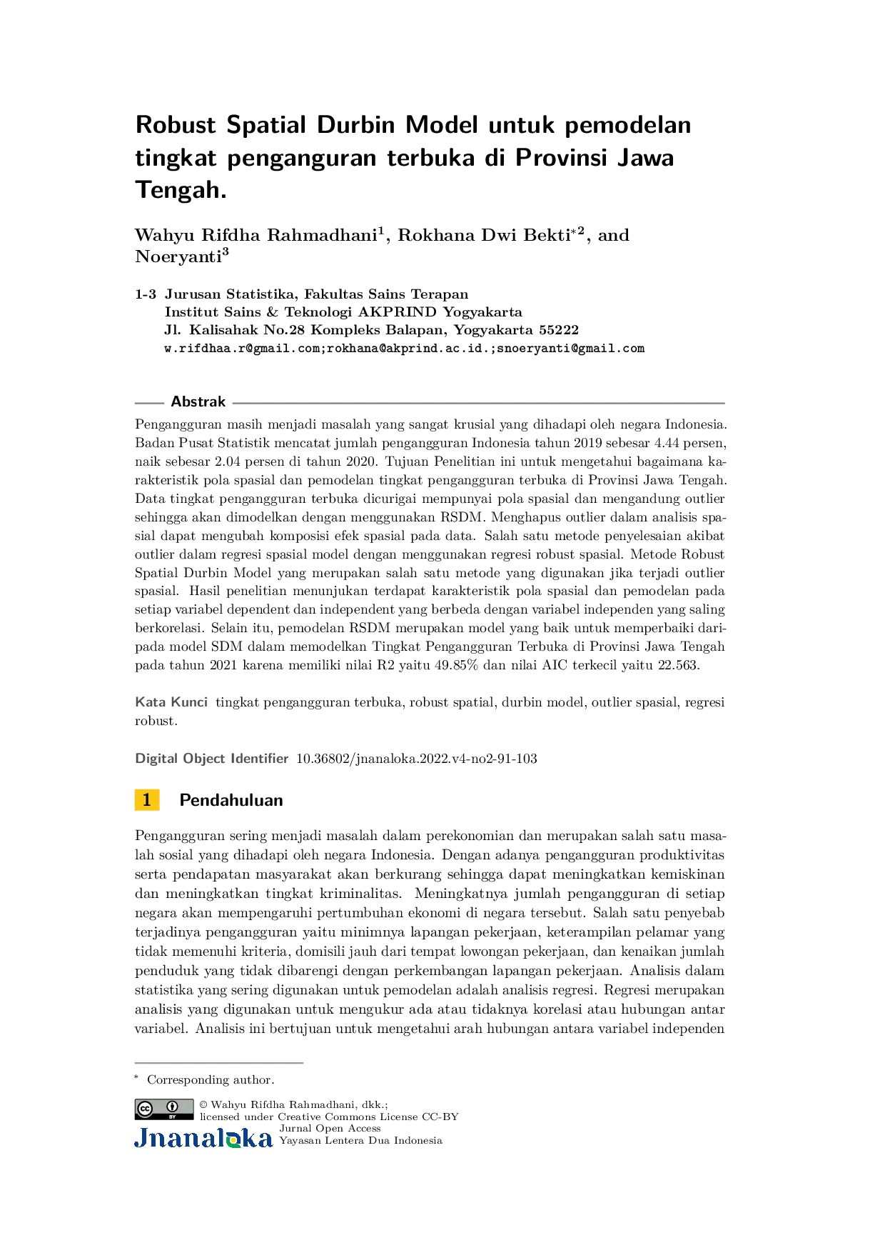 JURIS Robust Spatial Durbin Model Untuk Pemodelan Tingkat Pengangguran Terbuka di Provinsi Jawa Tengah