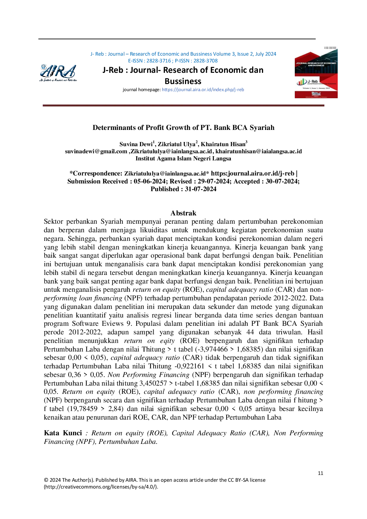 JURIS Determinants of Profit Growth of PT Bank BCA Syariah
