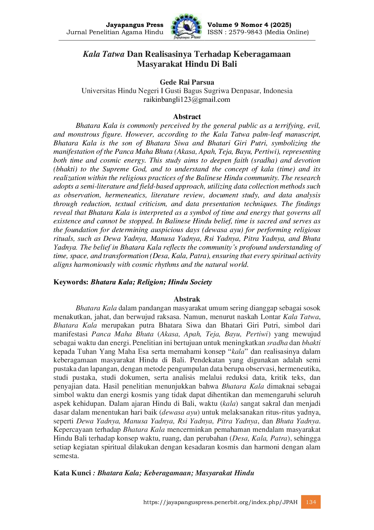 JURIS Kala Tatwa Dan Realisasinya Terhadap Keberagamaan Masyarakat Hindu Di Bali