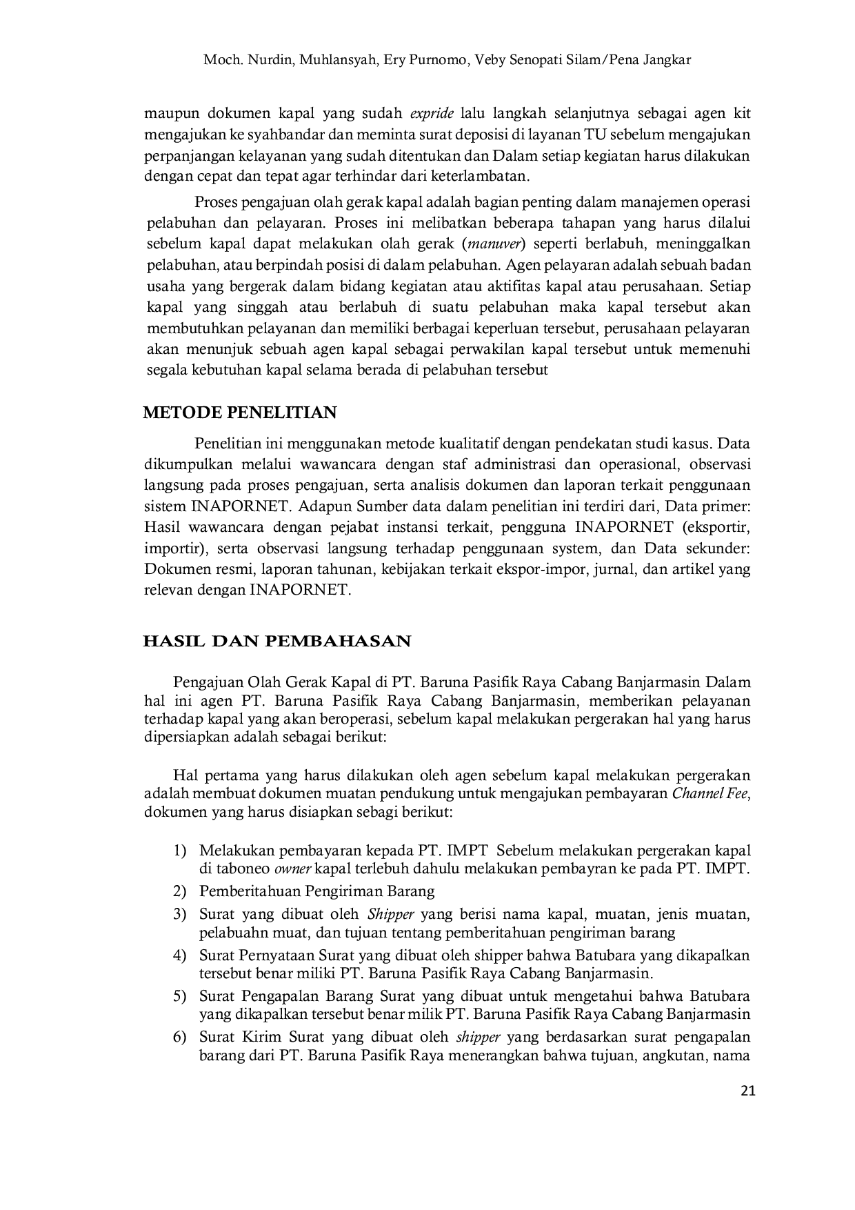 JURIS Proses Pengajuan Olah Gerak Kapal di Sistem Inapornet pada PT Baruna Pasifik Raya Cabang Banjarmasin