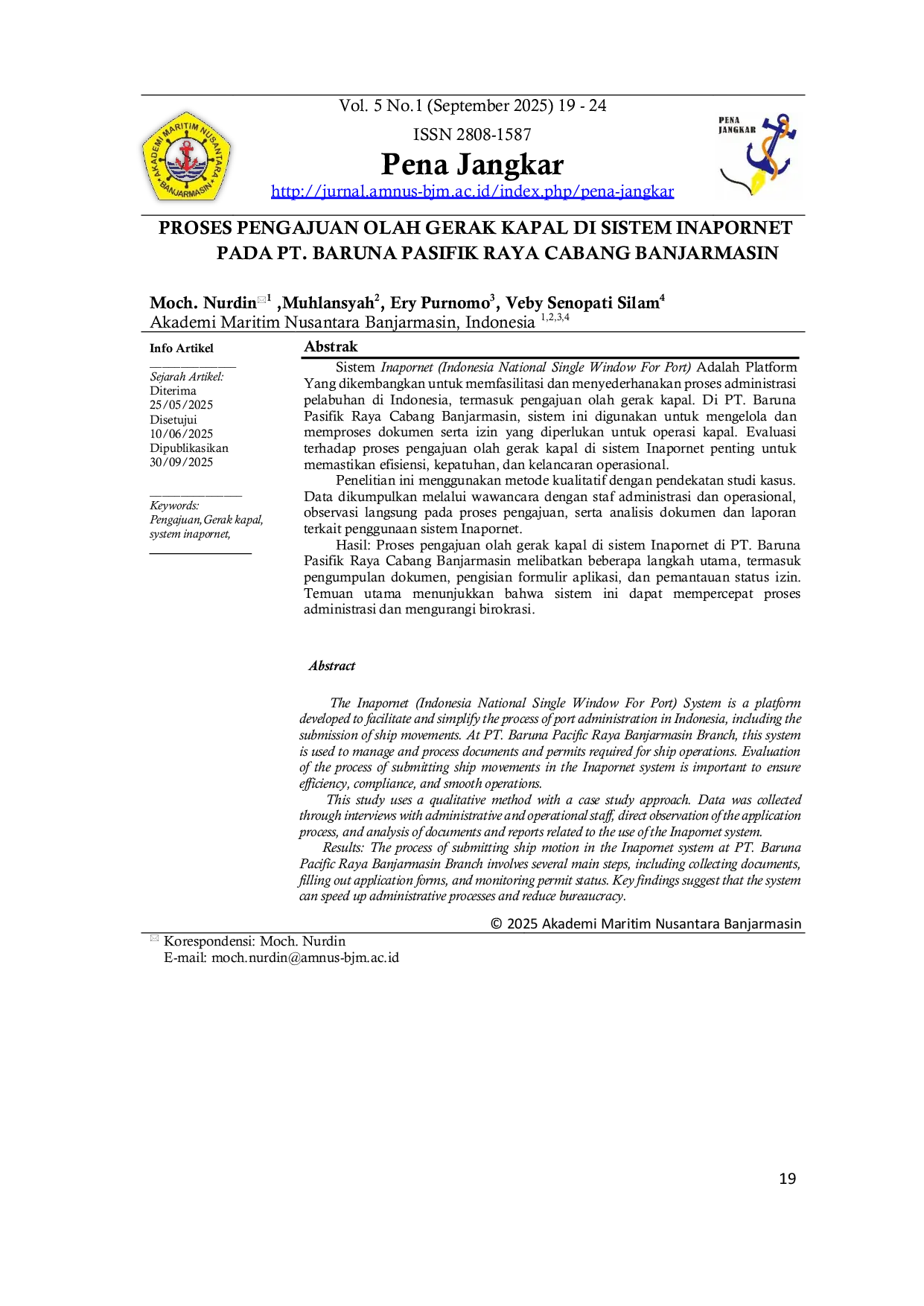 JURIS Proses Pengajuan Olah Gerak Kapal di Sistem Inapornet pada PT Baruna Pasifik Raya Cabang Banjarmasin