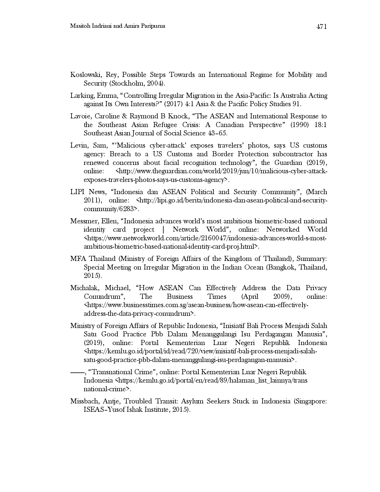 juris Biometric Data Sharing in Addressing Irregular Migration and Security Issues within the Bali Process Framework for Indonesia and ASEAN Member States