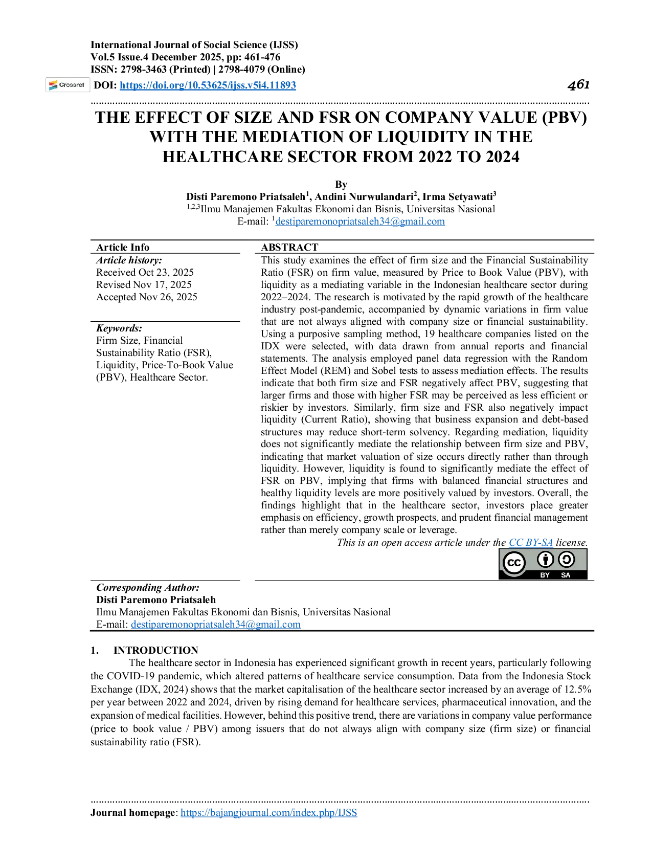 JURIS The Effect of Size and FSR on Company Value PBV with the Mediation of Liquidity in the Healthcare Sector from 2022 to 2024
