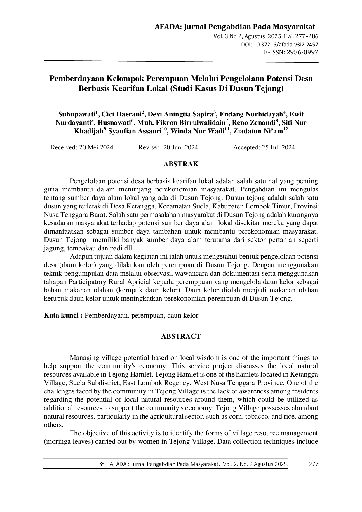 JURIS Pemberdayaan Kelompok Perempuan Melalui Pengelolaan Potensi Desa Berbasis Kearifan Lokal Studi Kasus Di Dusun Tejong