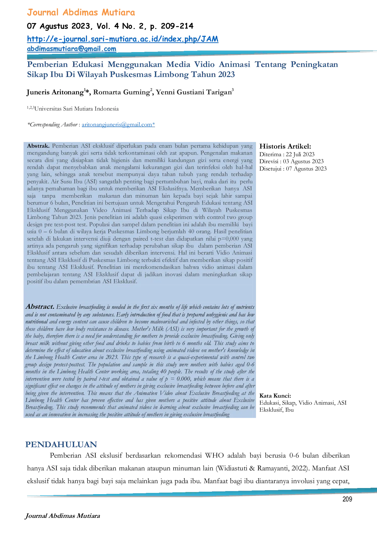 JURIS Pemberian Edukasi Menggunakan Media Vidio Animasi Tentang Peningkatan Sikap Ibu Di Wilayah Puskesmas Limbong Tahun 2023