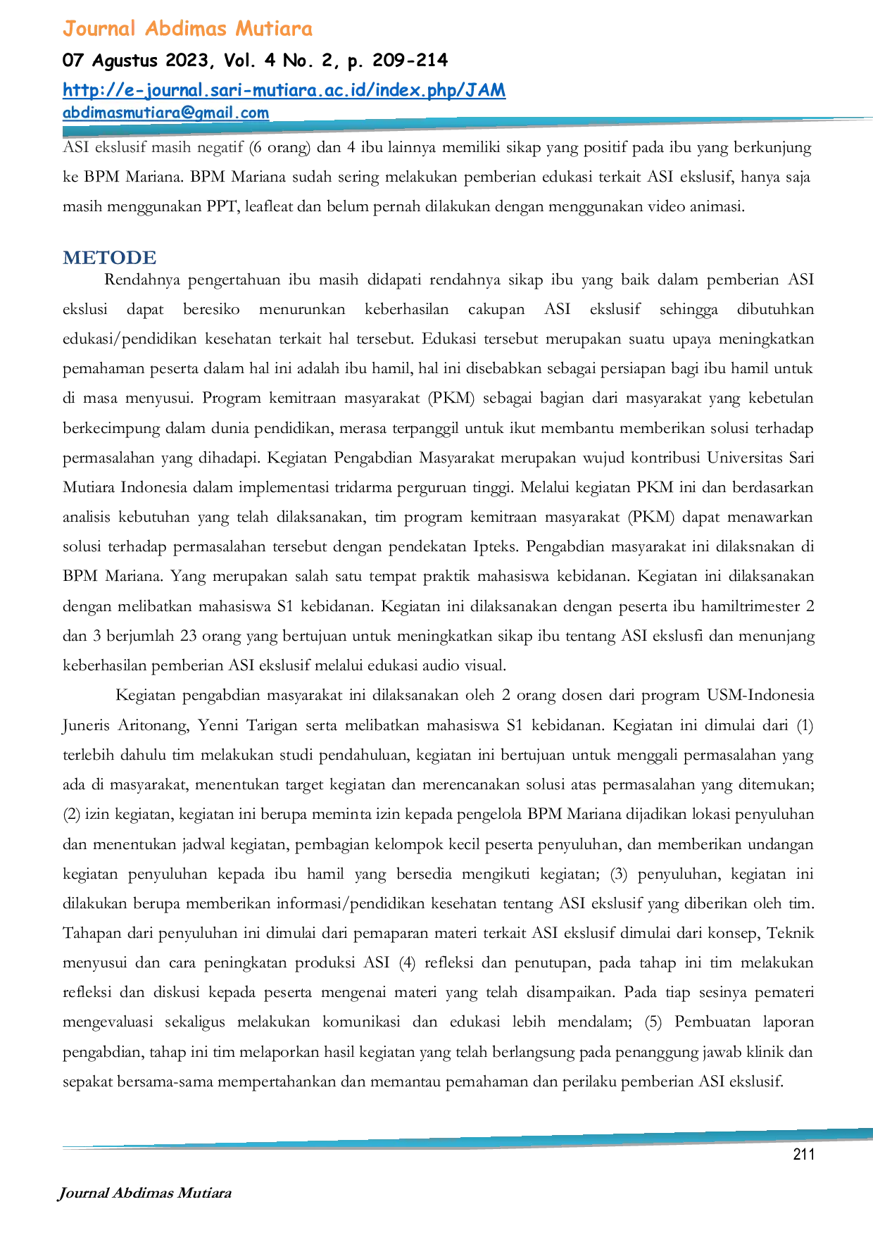 JURIS Pemberian Edukasi Menggunakan Media Vidio Animasi Tentang Peningkatan Sikap Ibu Di Wilayah Puskesmas Limbong Tahun 2023