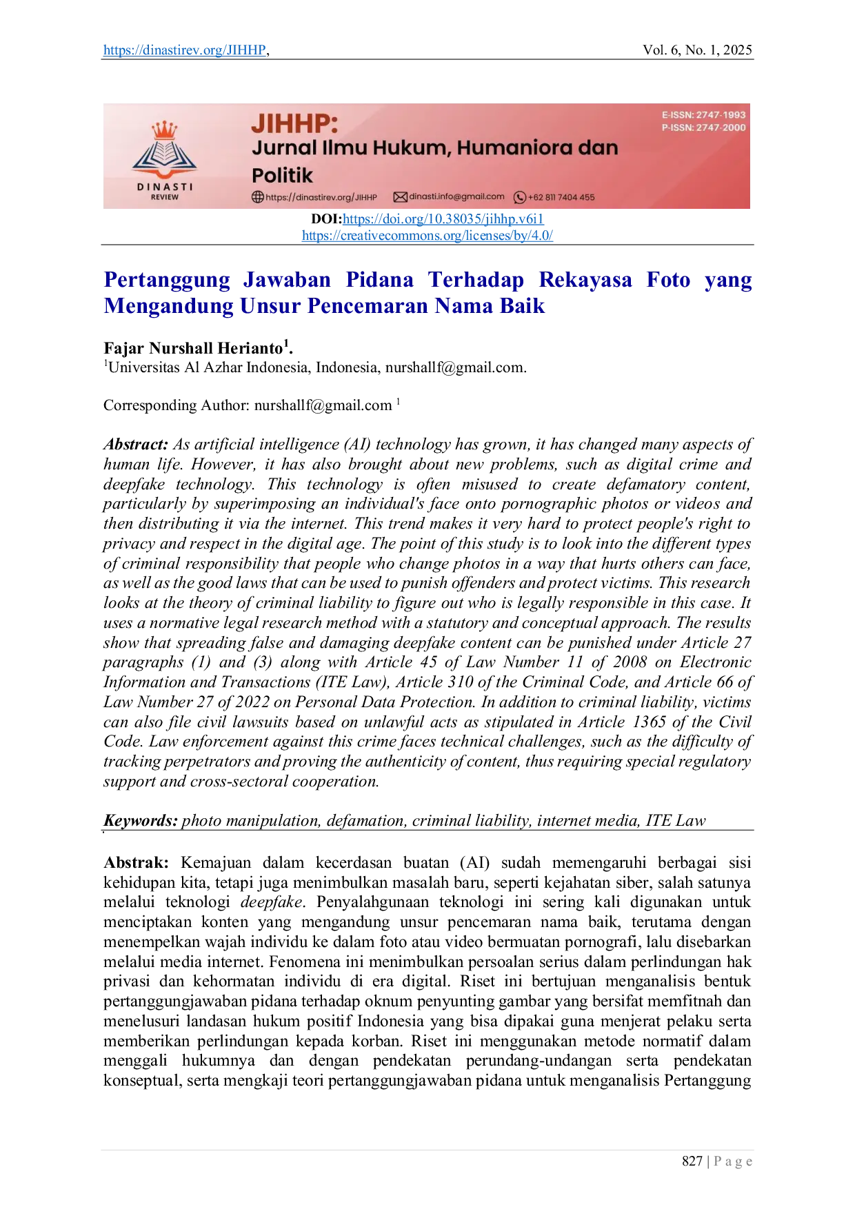 JURIS Pertanggung Jawaban Pidana Terhadap Rekayasa Foto yang Mengandung Unsur Pencemaran Nama Baik