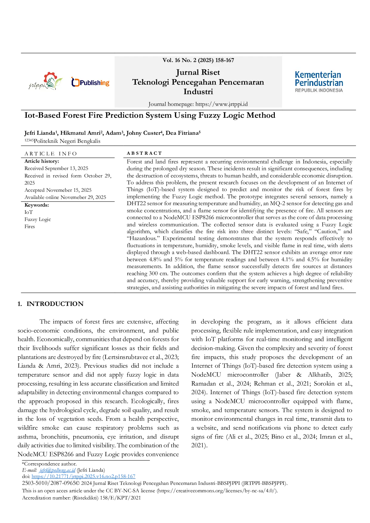 JURIS An Iot Based Forest Fire Prediction System Using Fuzzy Logic Method
