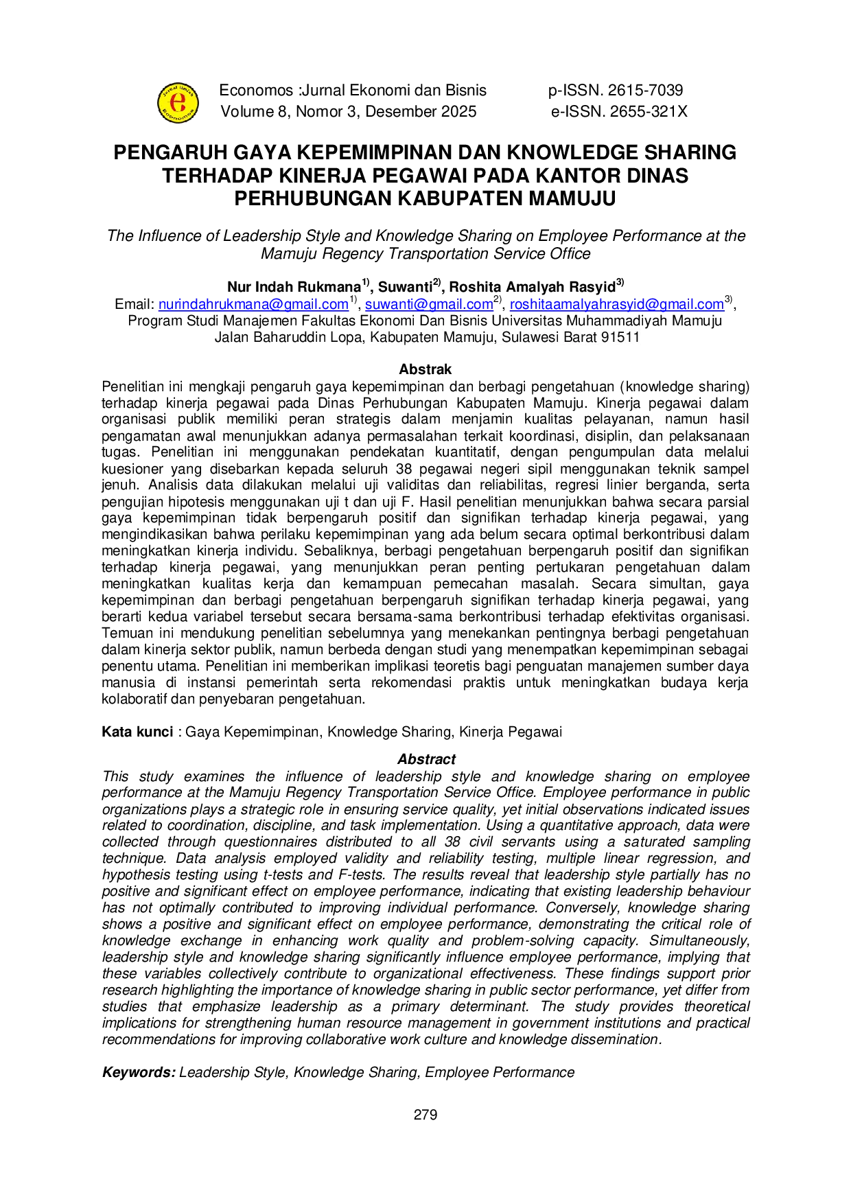 JURIS The Influence of Leadership Style and Knowledge Sharing on Employee Performance at the Mamuju Regency Transportation Service Office