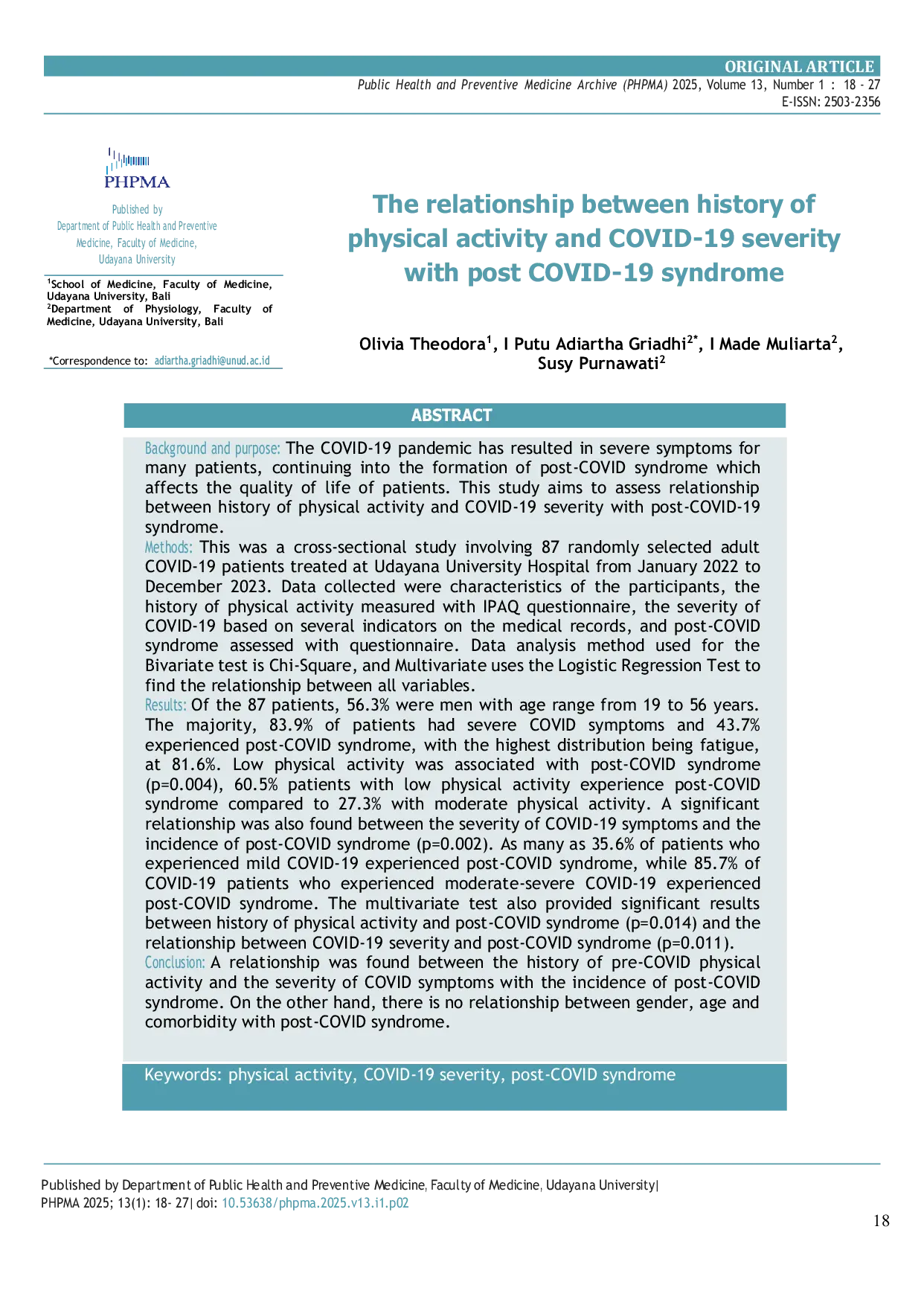 JURIS The Relationship Between History of Physical Activity and COVID 19 Severity with Post COVID 19 Syndrome
