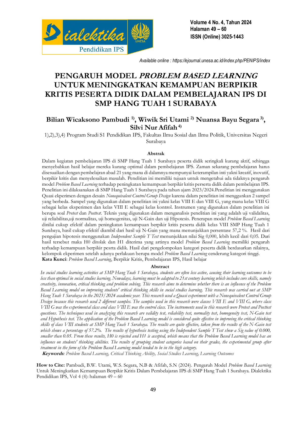 JURIS Pengaruh Model Problem Based Learning Untuk Meningkatkan Kemampuan Berpikir Kritis Peserta Didik Dalam Pembelajaran IPS Di SMP Hang Tuah 1 Surabaya