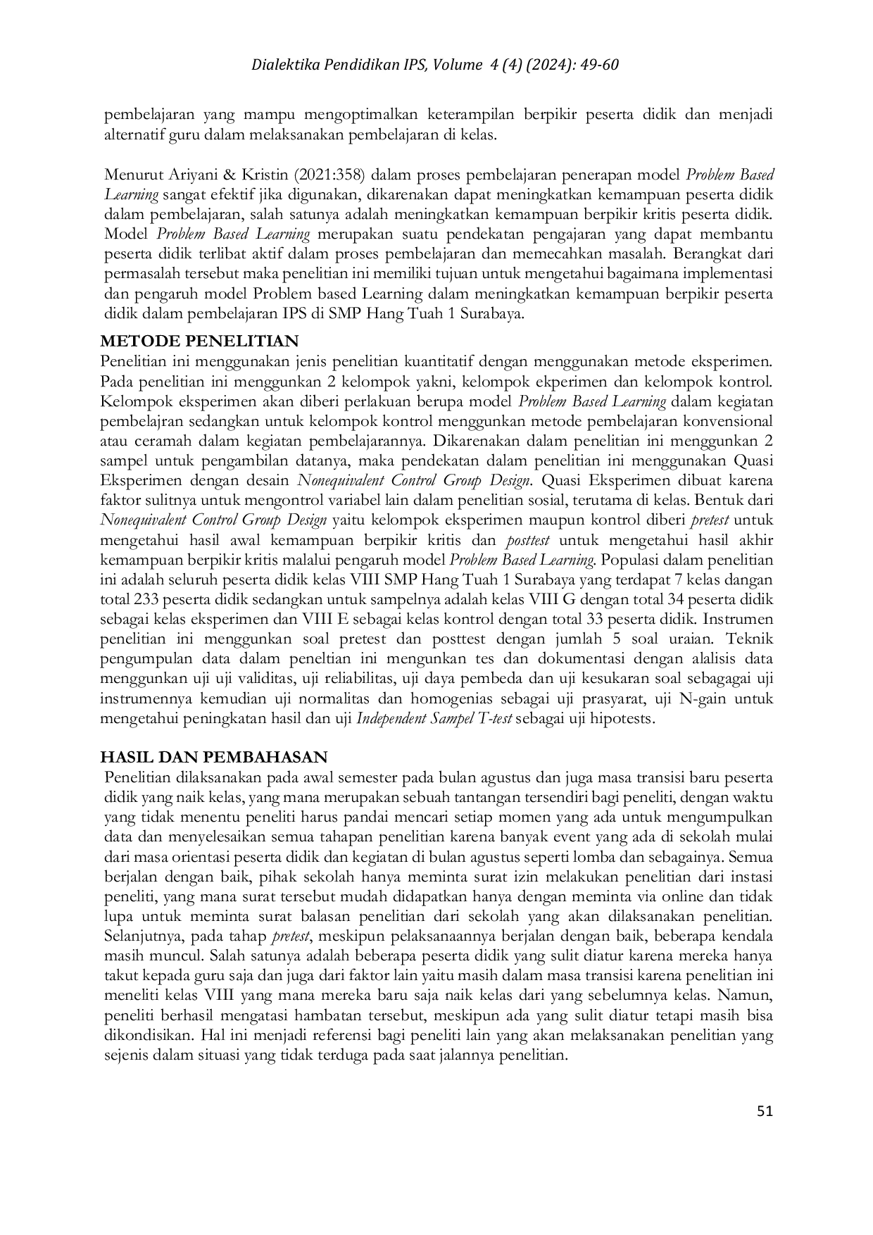 JURIS Pengaruh Model Problem Based Learning Untuk Meningkatkan Kemampuan Berpikir Kritis Peserta Didik Dalam Pembelajaran IPS Di SMP Hang Tuah 1 Surabaya